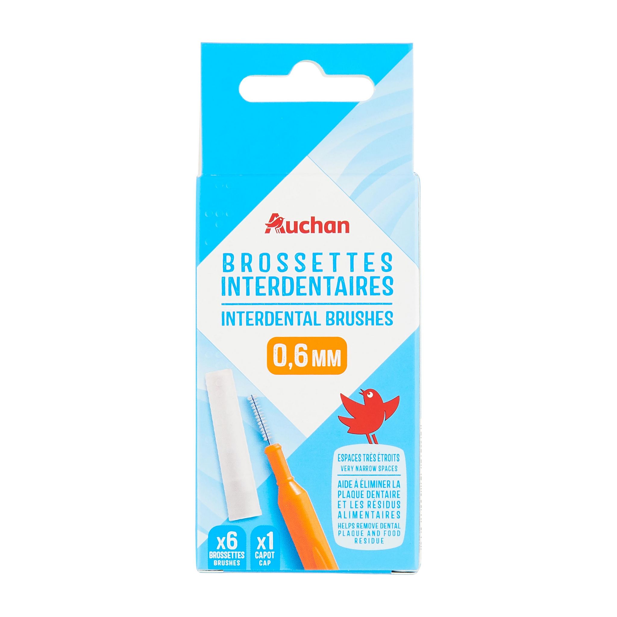 Voir la diapositive 3 : AUCHAN Brossettes interdentaires 0.6mm 6 brossettes+1 capot