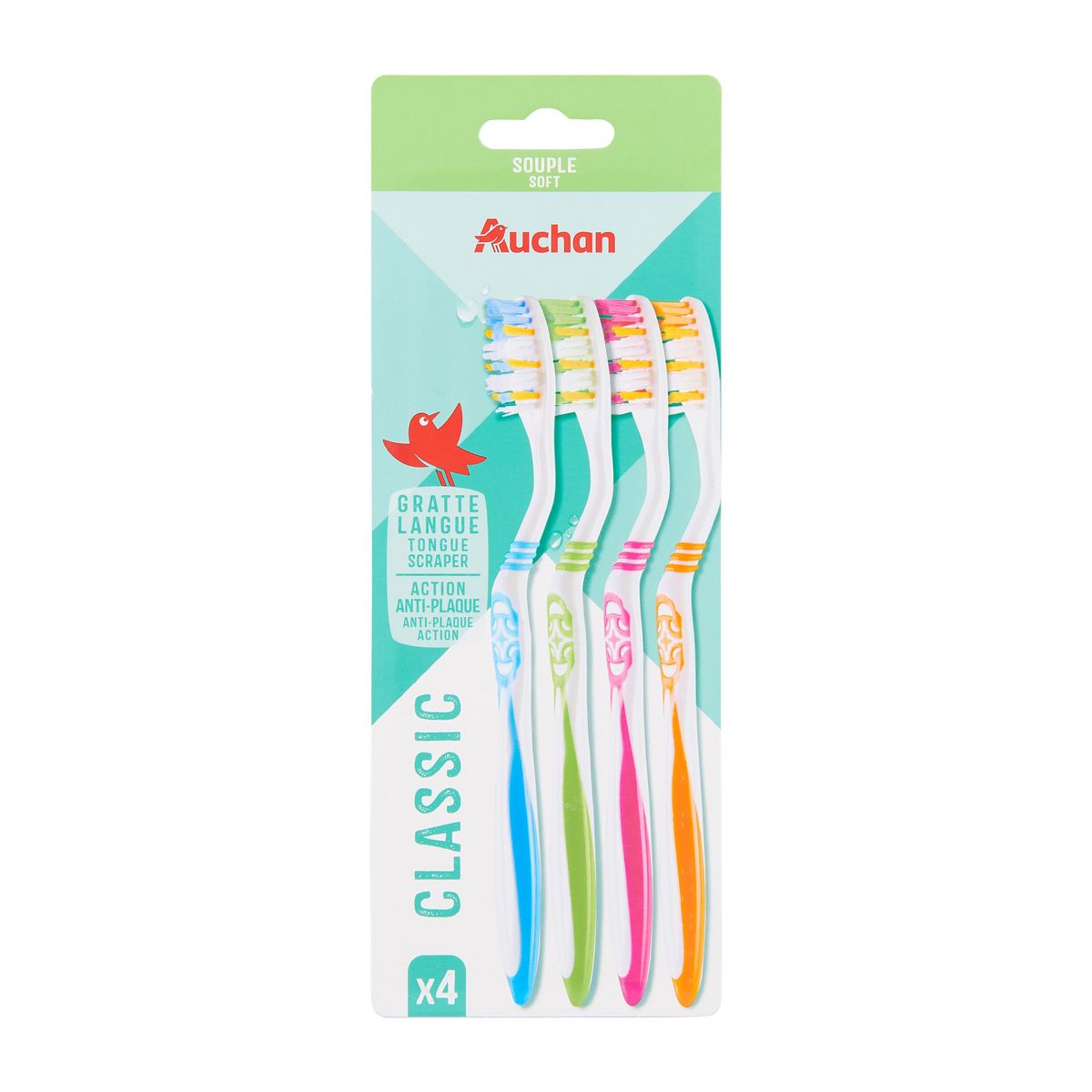 AUCHAN Brosses à dents classic gratte langue souple 4 pièces