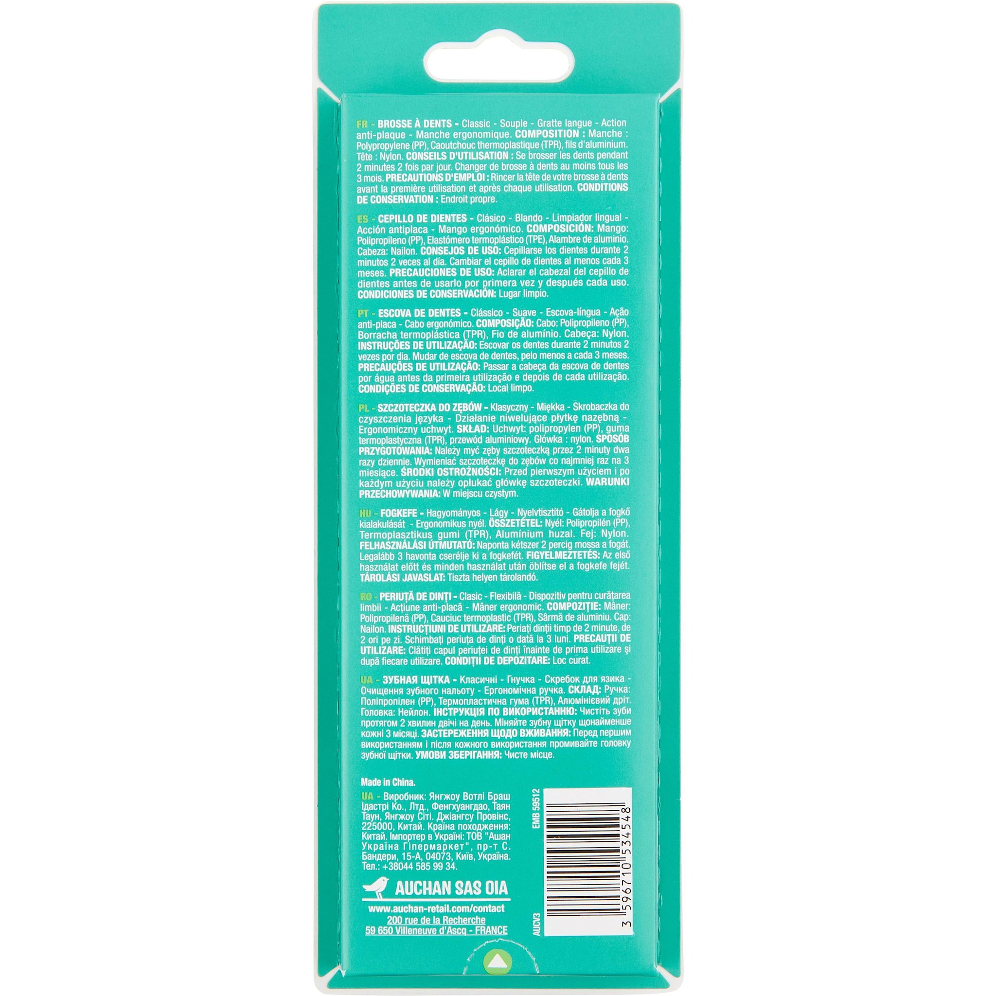 Voir la diapositive 2 : AUCHAN Brosses à dents classic gratte langue souple 4 pièces