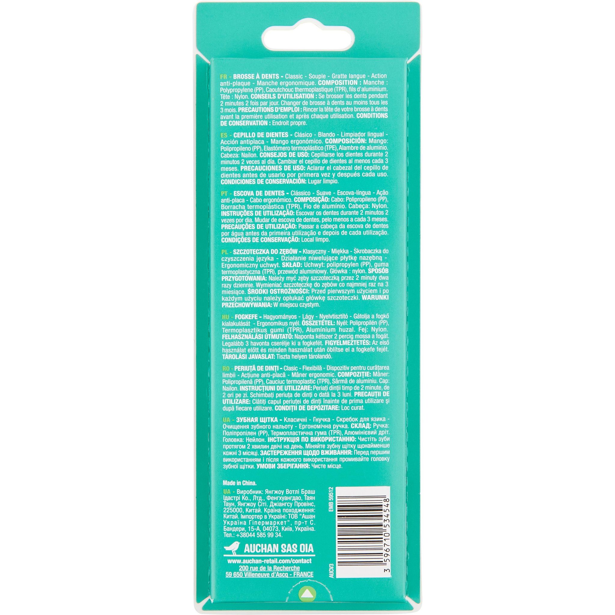 Voir la diapositive 3 : AUCHAN Brosses à dents classic gratte langue souple 4 pièces