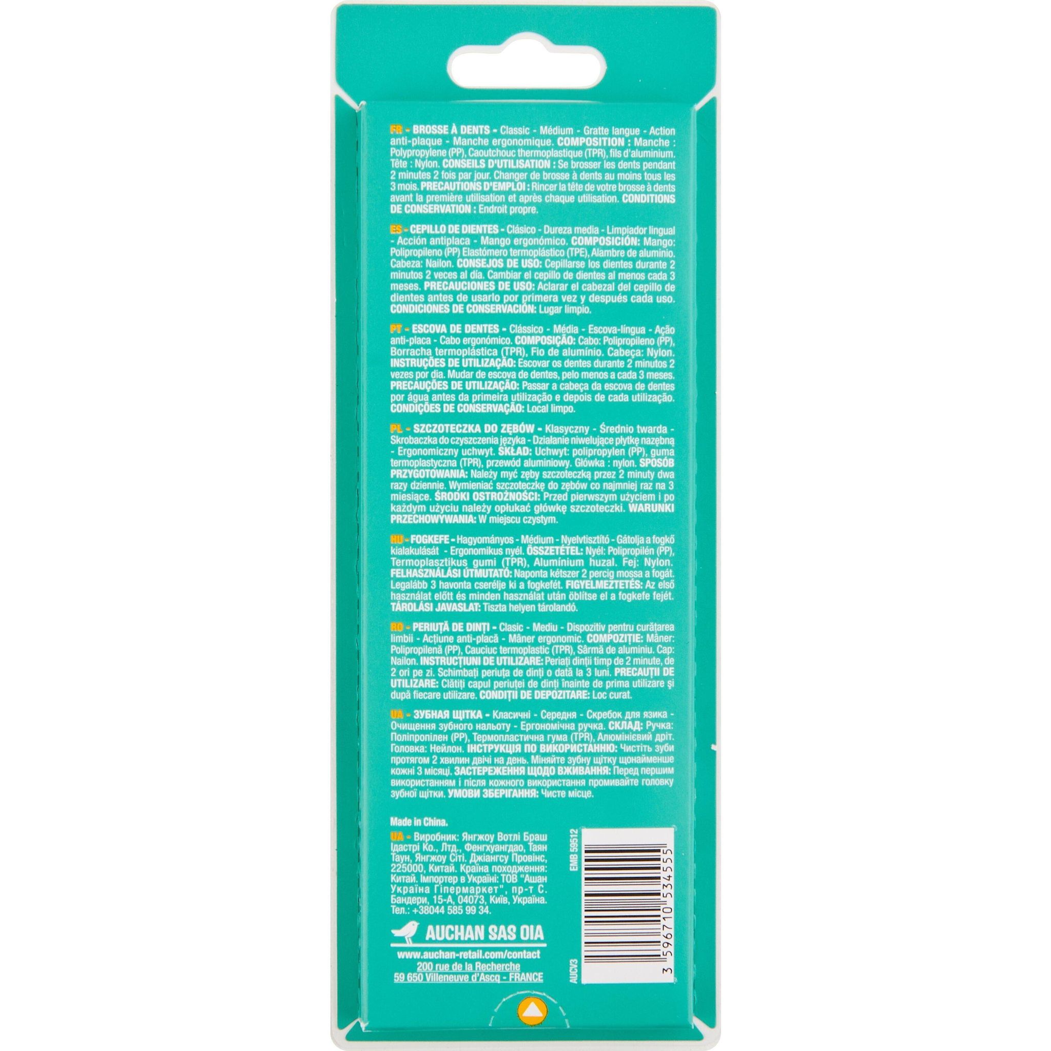 Voir la diapositive 2 : AUCHAN Brosse à dents classic medium 4 brosses à dents