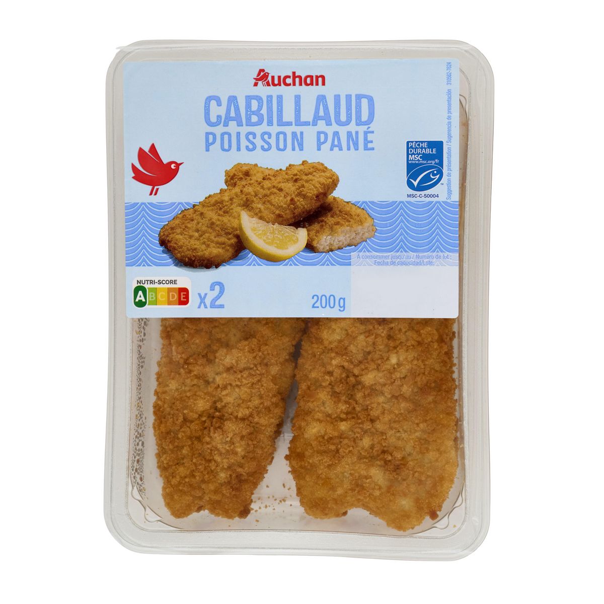 AUCHAN Cabillaud poisson pané MSC 2 pièces 200g