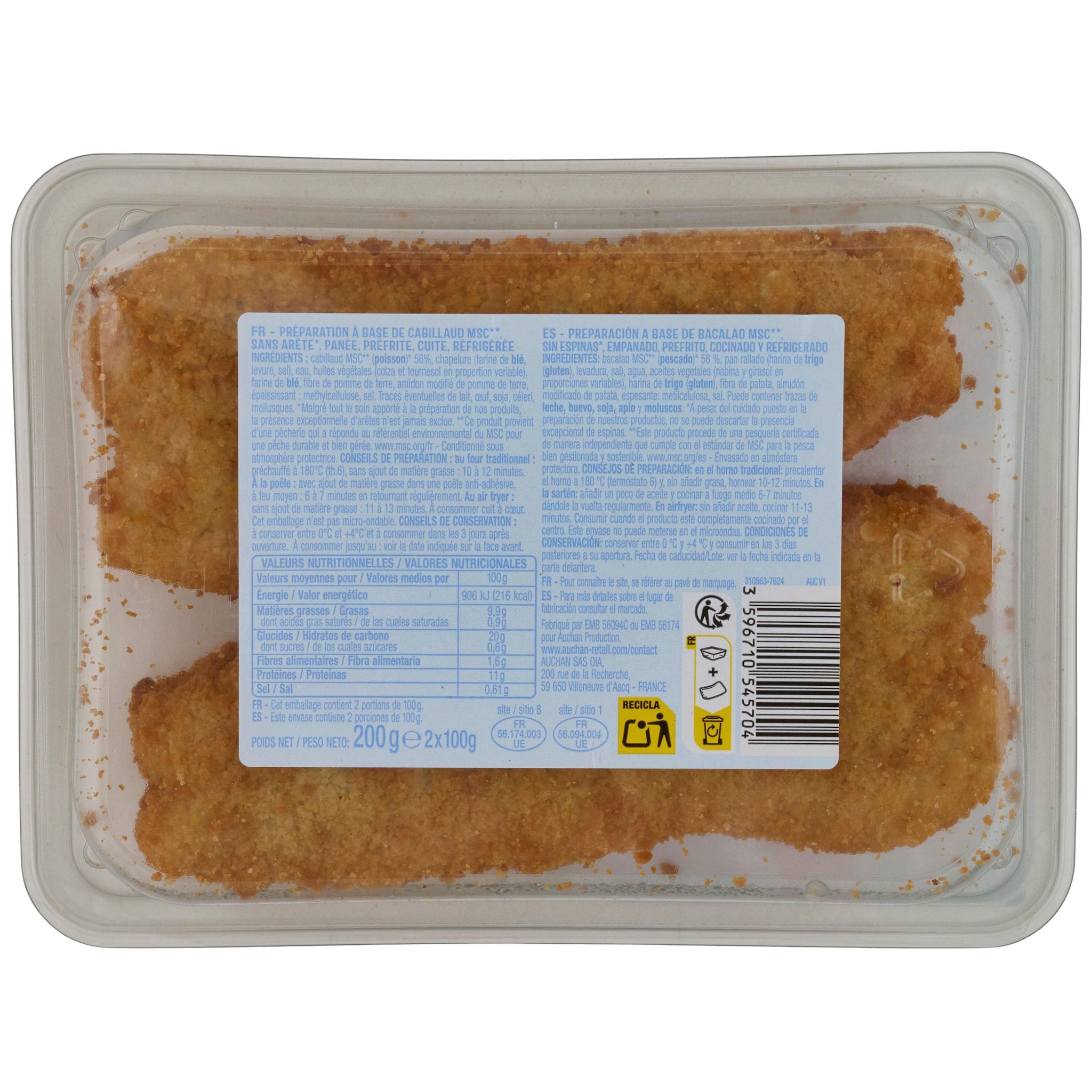 Voir la diapositive 2 : AUCHAN Cabillaud poisson pané MSC 2 pièces 200g