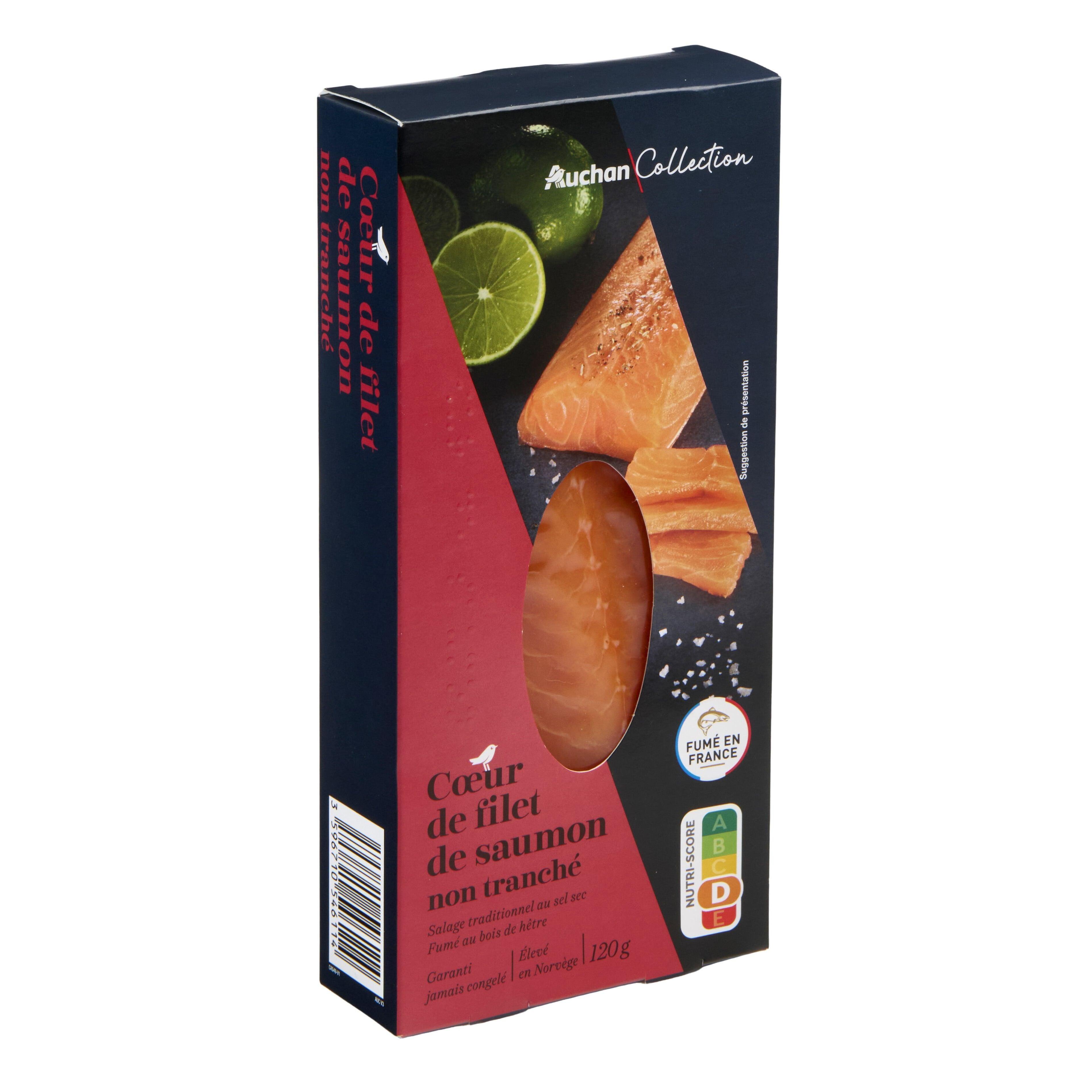Voir la diapositive 2 : AUCHAN COLLECTION Coeur de filet de saumon fumé non tranché 1 pièce 120g