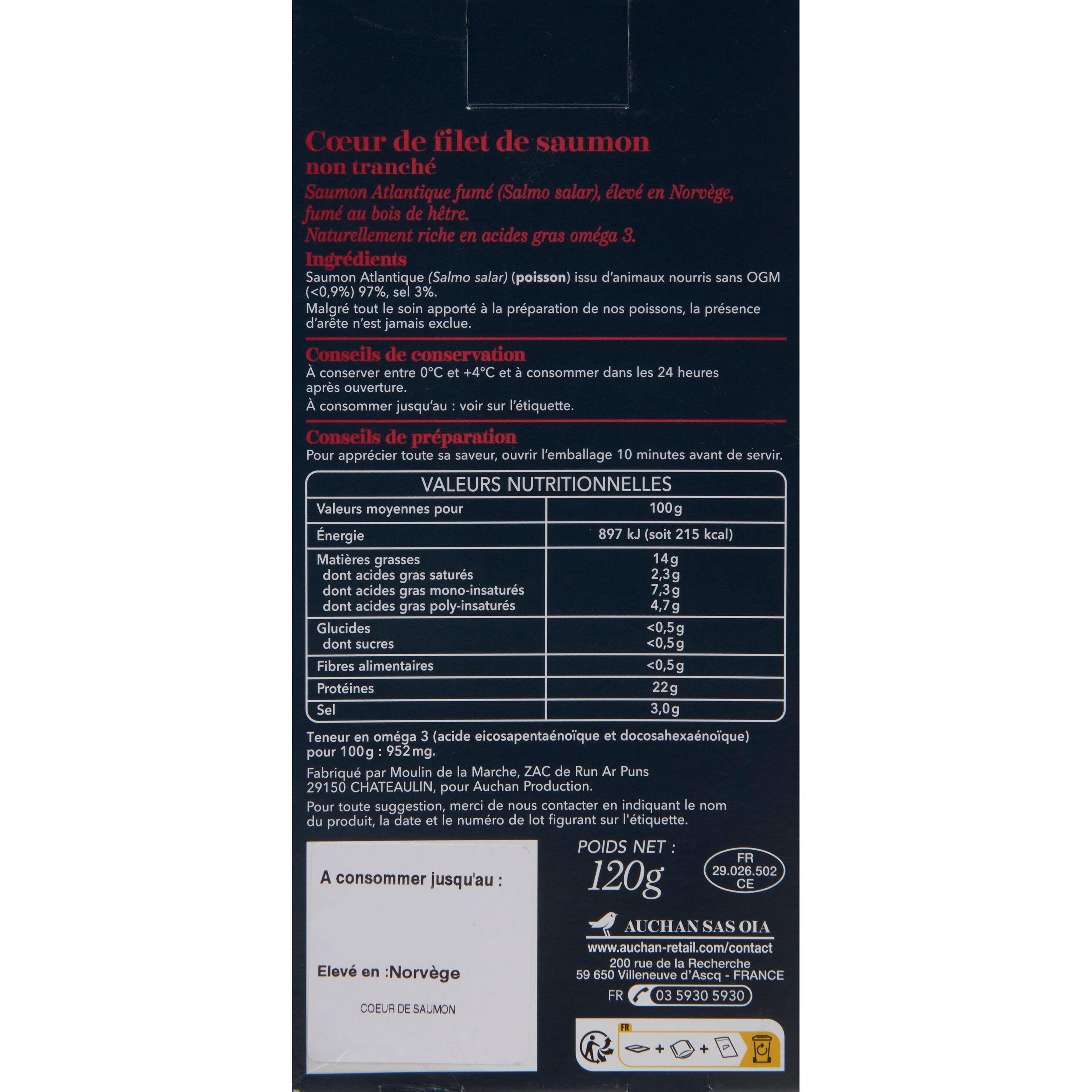 Voir la diapositive 3 : AUCHAN COLLECTION Coeur de filet de saumon fumé non tranché 1 pièce 120g