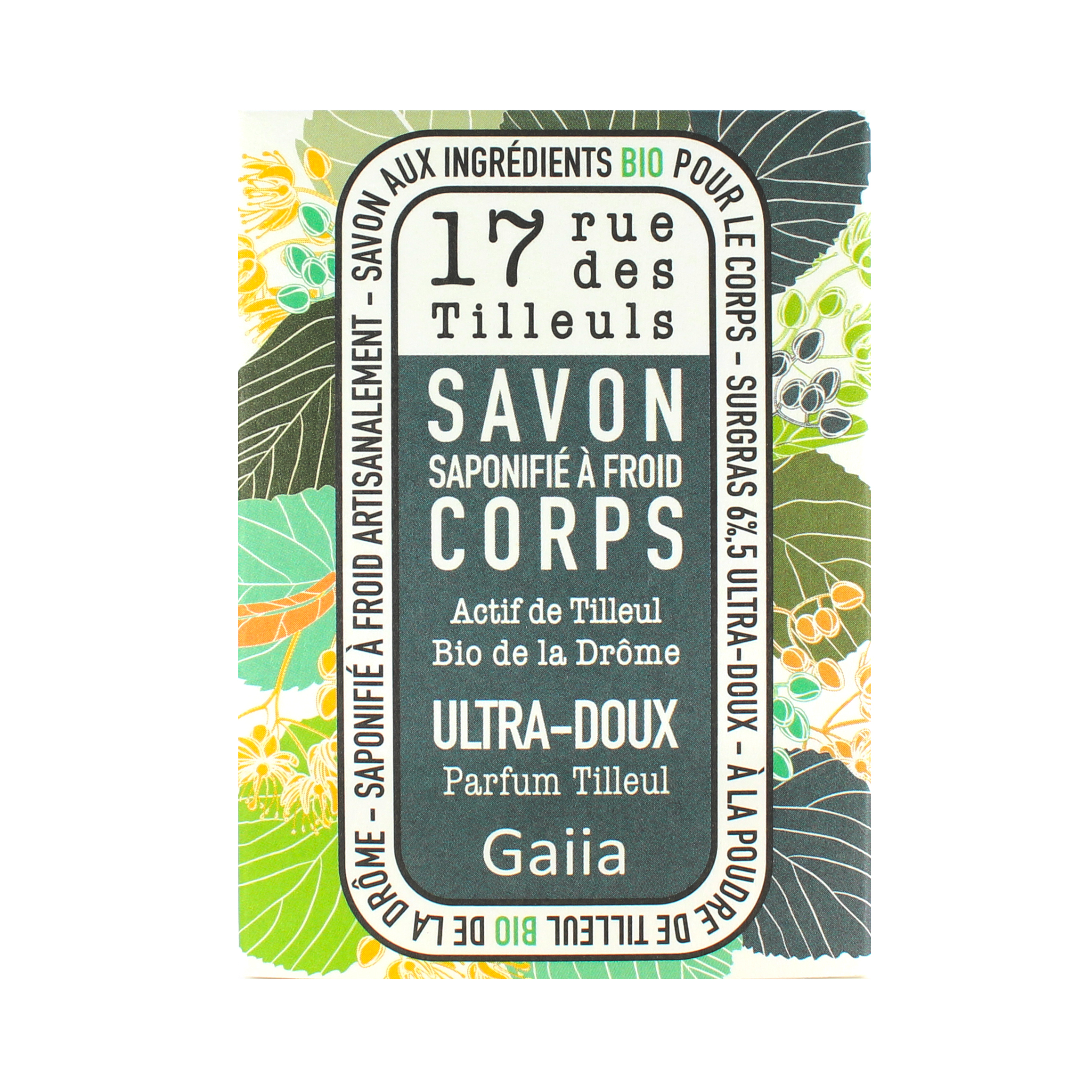 GAIIA Savon corps ultra doux parfum tilleul actif de tilleul bio de la Drôme saponifié à froid 150g