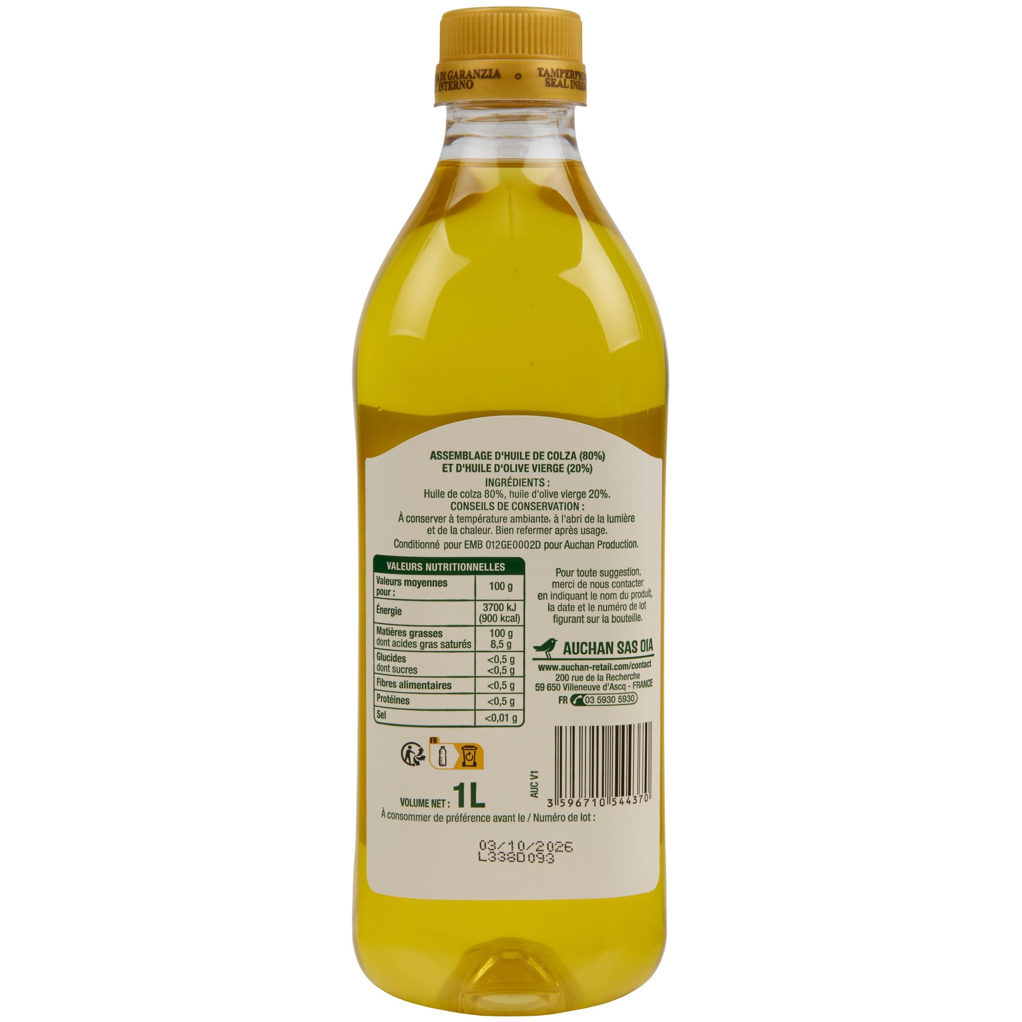 Voir la diapositive 2 : AUCHAN Mélange huile colza et olive 1l