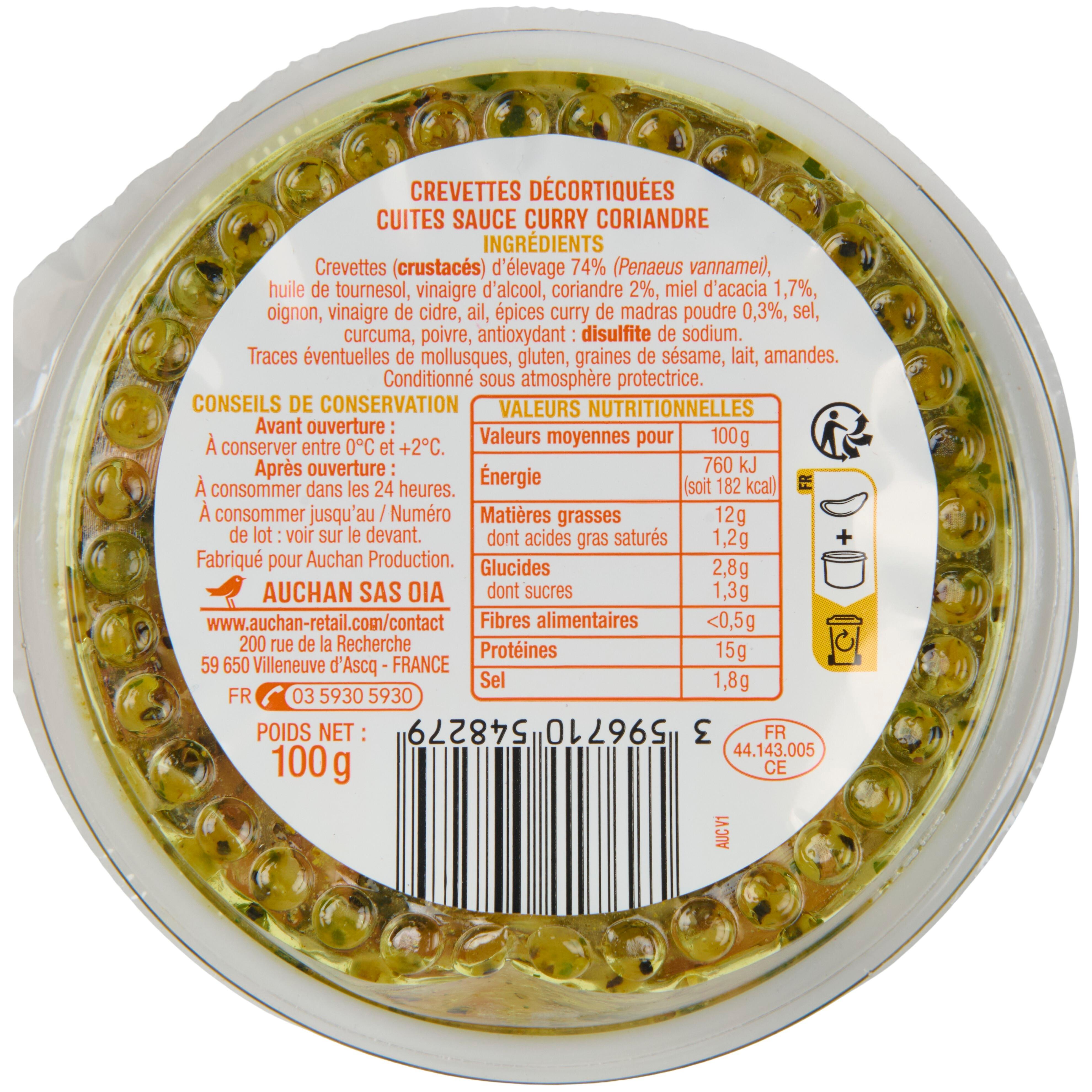 Voir la diapositive 2 : AUCHAN Crevettes curry et coriandre spécial tapas 100g