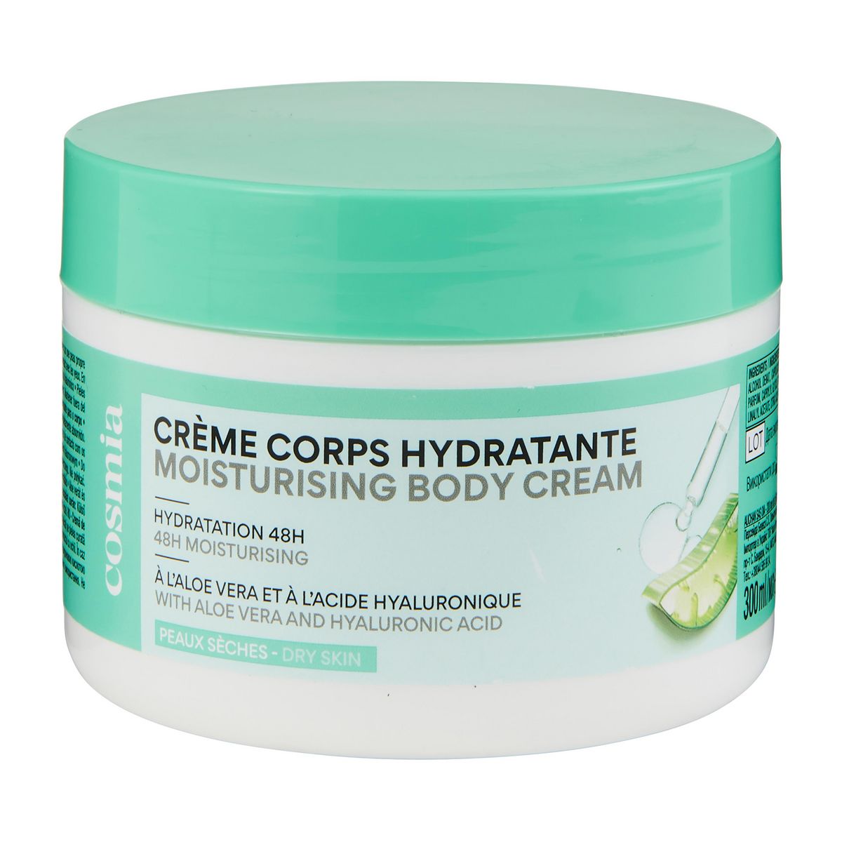 COSMIA Crème corps hydratante 48H à l'aloé véra et à l'acide hyaluronique pour peaux sèches 300ml