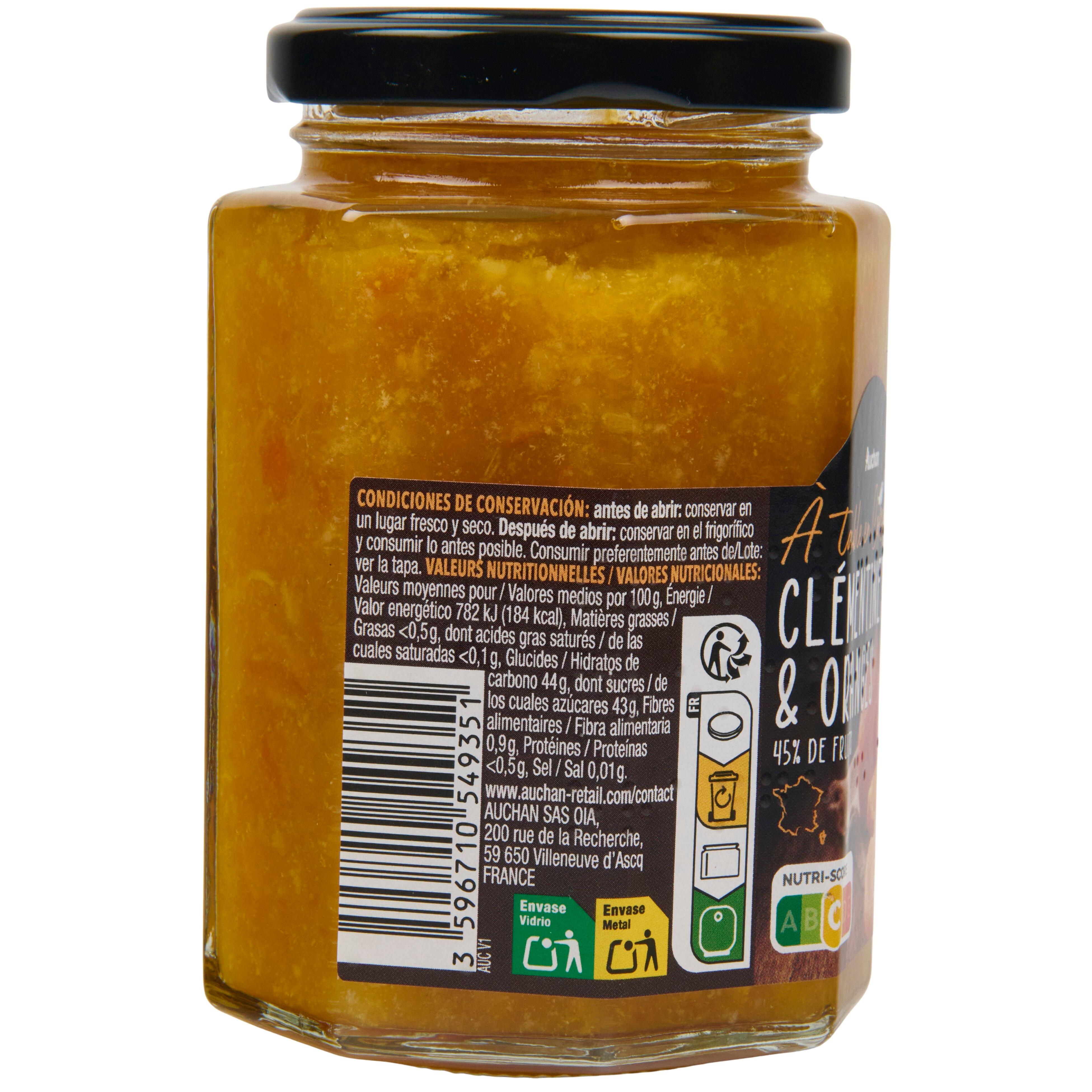 Voir la diapositive 2 : AUCHAN TERROIR Préparation de fruits aux clémentines et oranges 45% de fruits 310g