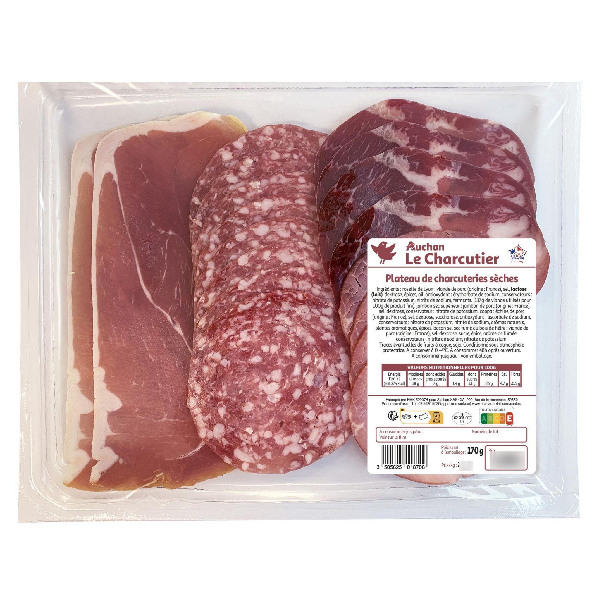 Voir la diapositive 2 : AUCHAN LE CHARCUTIER Plateau assortiment de charcuteries sèches 0,170 kg