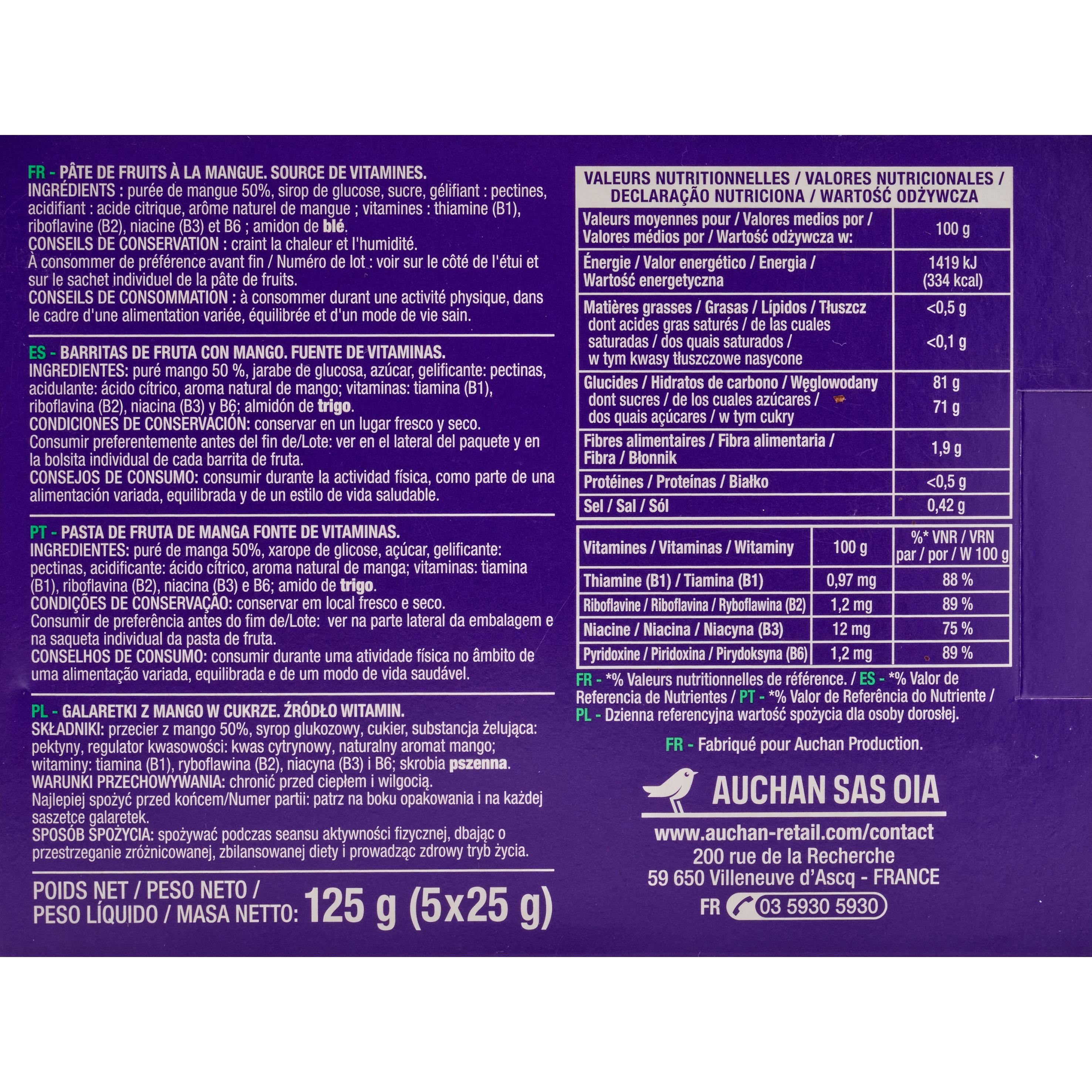 Voir la diapositive 3 : AUCHAN EAT'N MOVE Pâte de fruits mangue pour sportifs 5x25g
