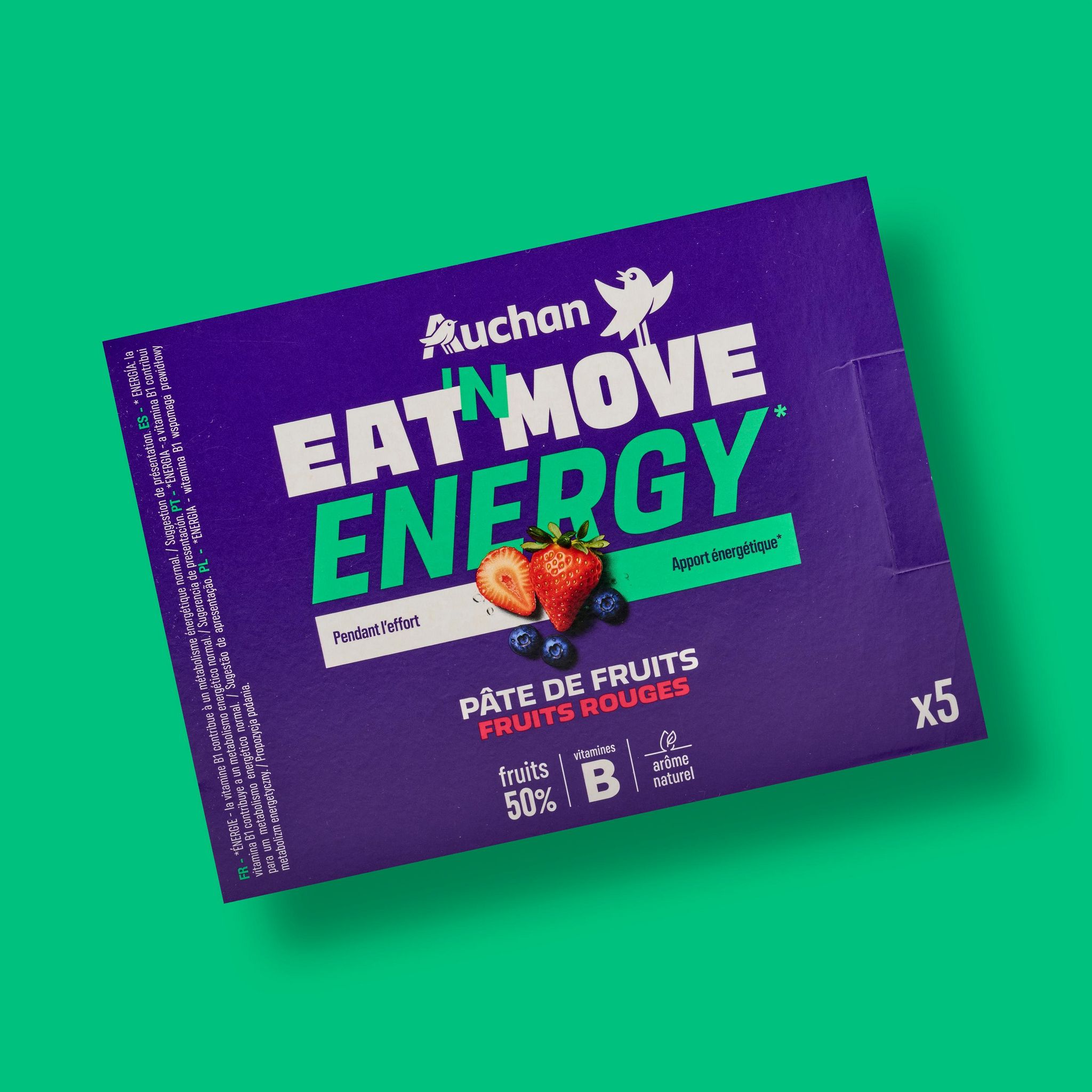 Voir la diapositive 2 : AUCHAN EAT'N MOVE Pâte de fruits Energy fruits rouges 5x25g