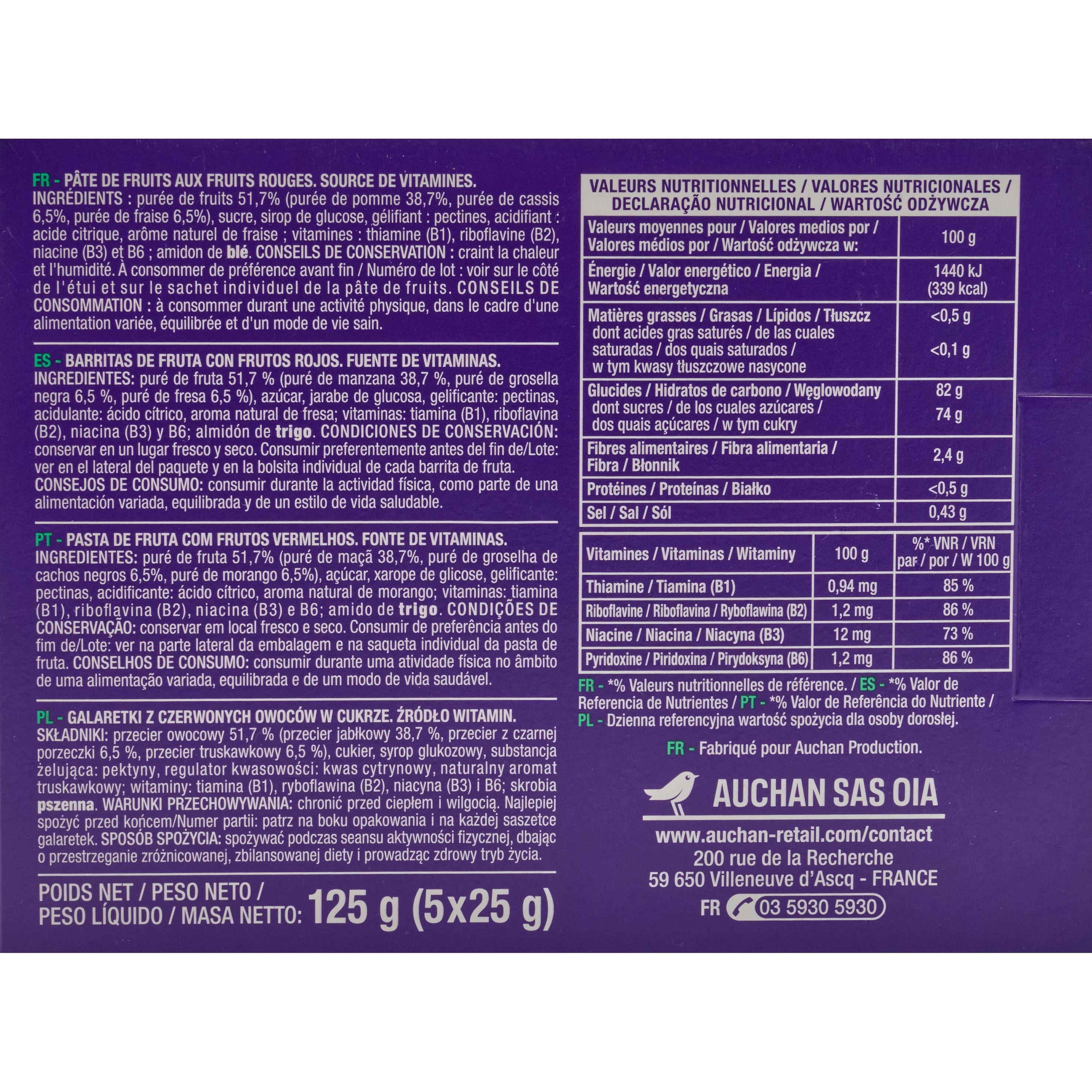 Voir la diapositive 5 : AUCHAN EAT'N MOVE Pâte de fruits Energy fruits rouges 5x25g