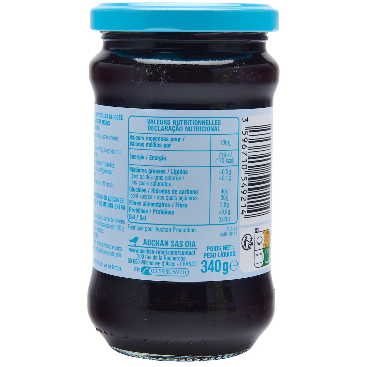 AUCHAN Confiture allégée à la myrtille 50% 340g