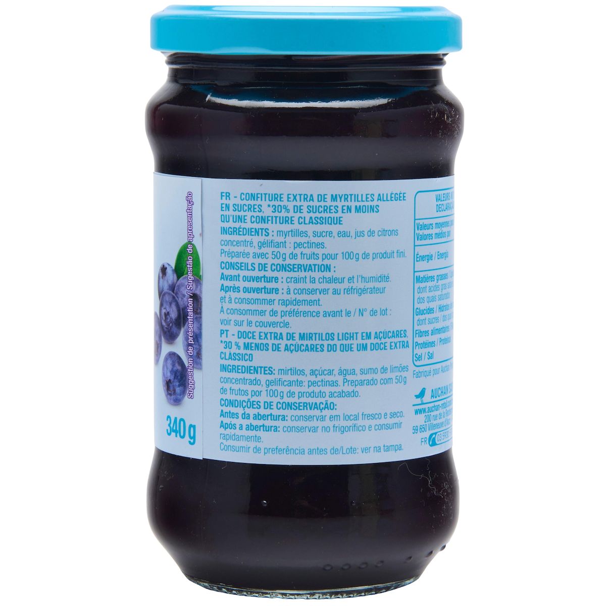 AUCHAN Confiture allégée à la myrtille 50% 340g