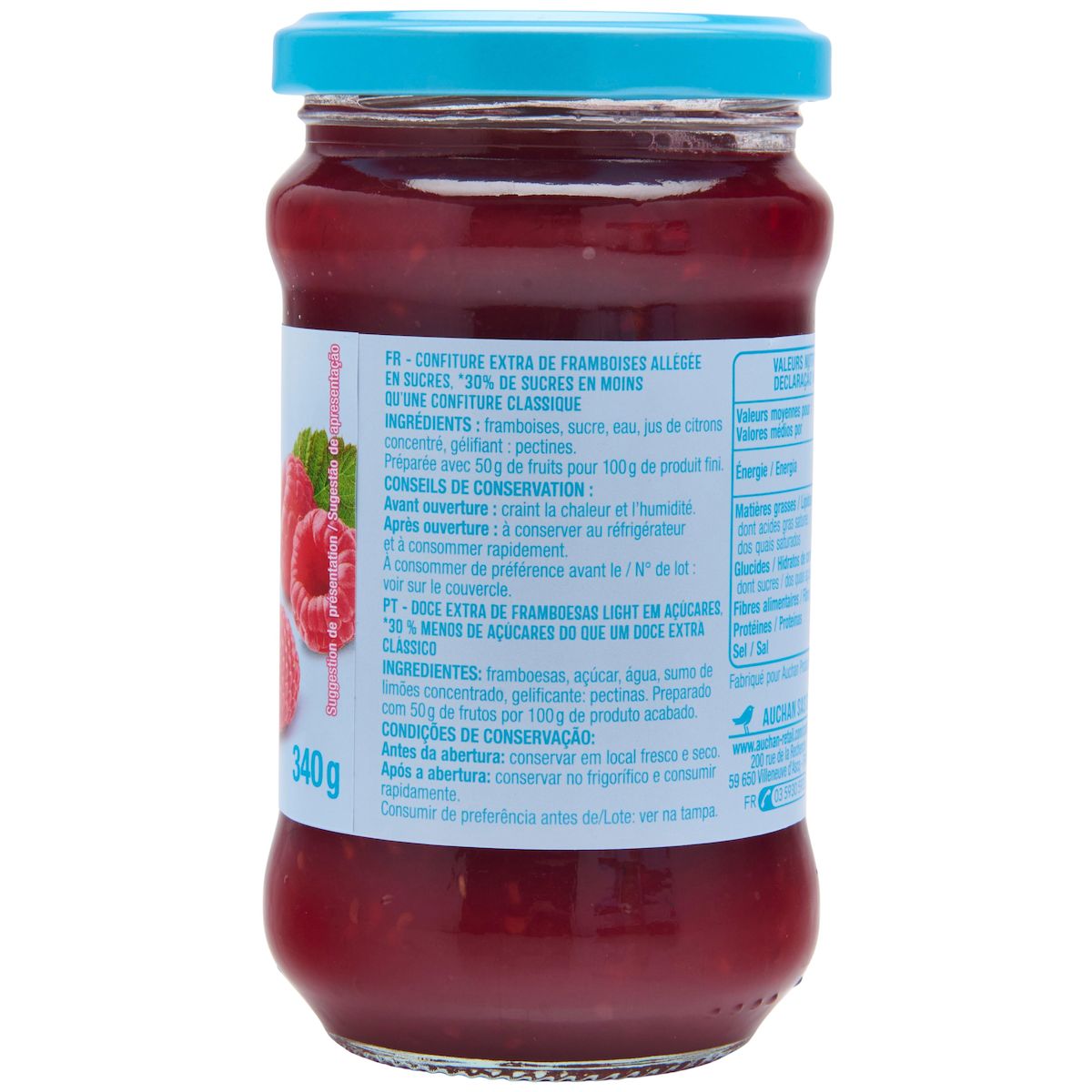 AUCHAN Confiture allégée framboises sans sucres ajoutés 340g