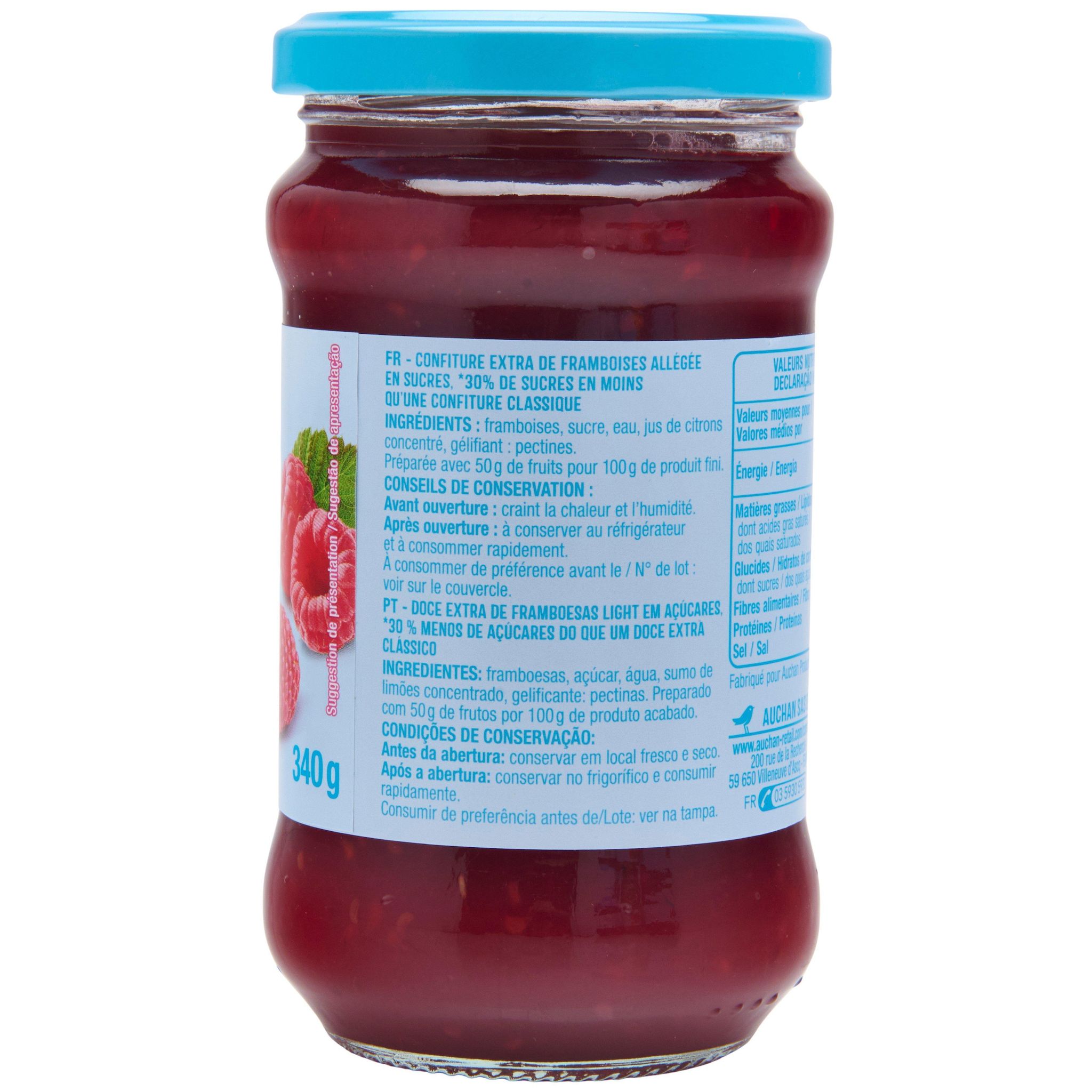 Voir la diapositive 3 : AUCHAN Confiture allégée framboises sans sucres ajoutés 340g