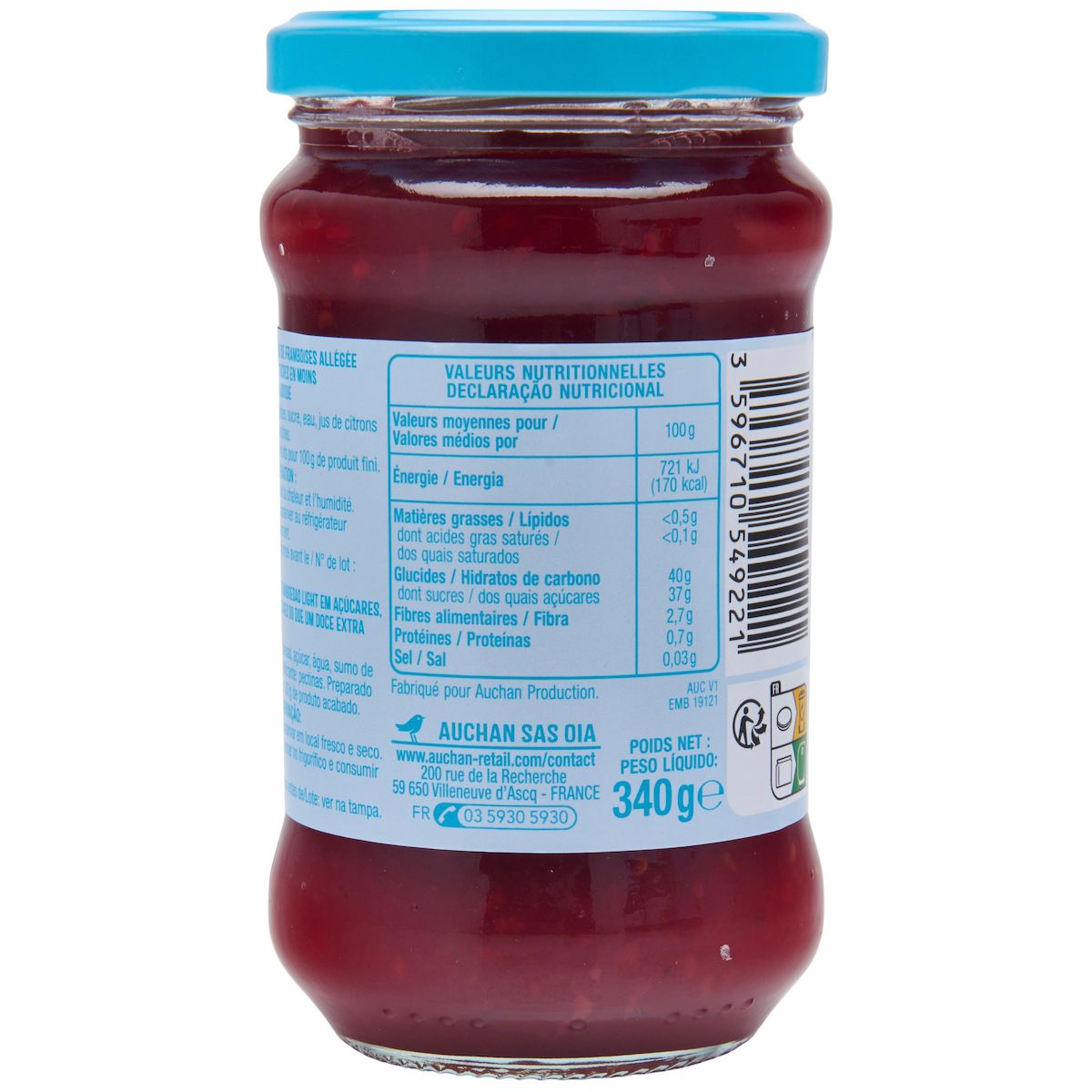 AUCHAN Confiture allégée framboises sans sucres ajoutés 340g