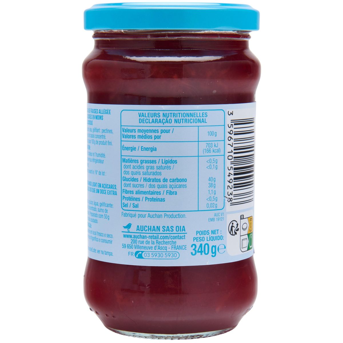 AUCHAN Confiture allégée de fraise 50% de fruits 340g