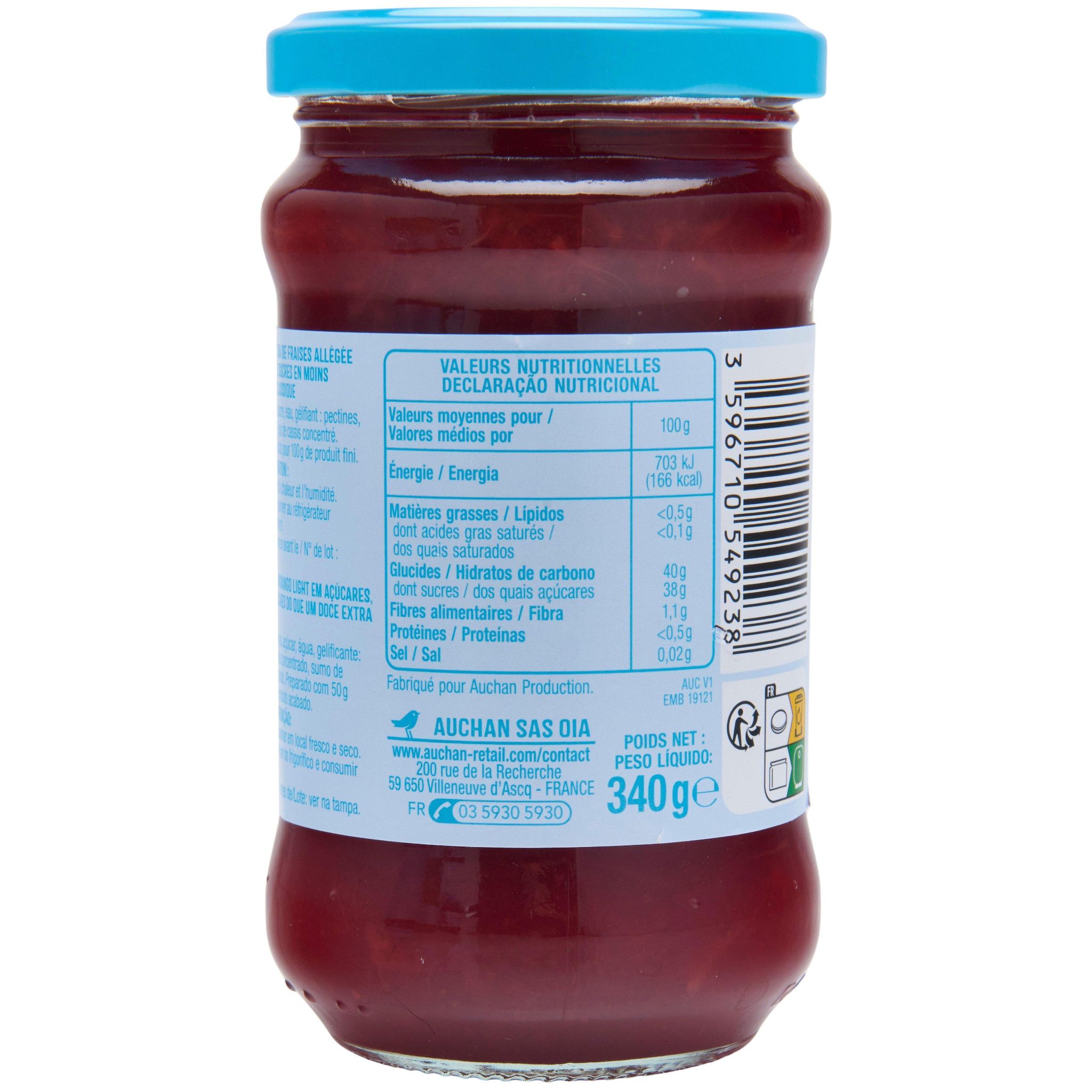 Voir la diapositive 3 : AUCHAN Confiture allégée de fraise 50% de fruits 340g
