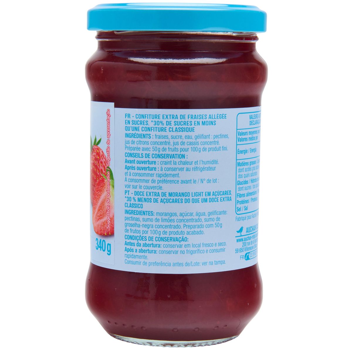 AUCHAN Confiture allégée de fraise 50% de fruits 340g