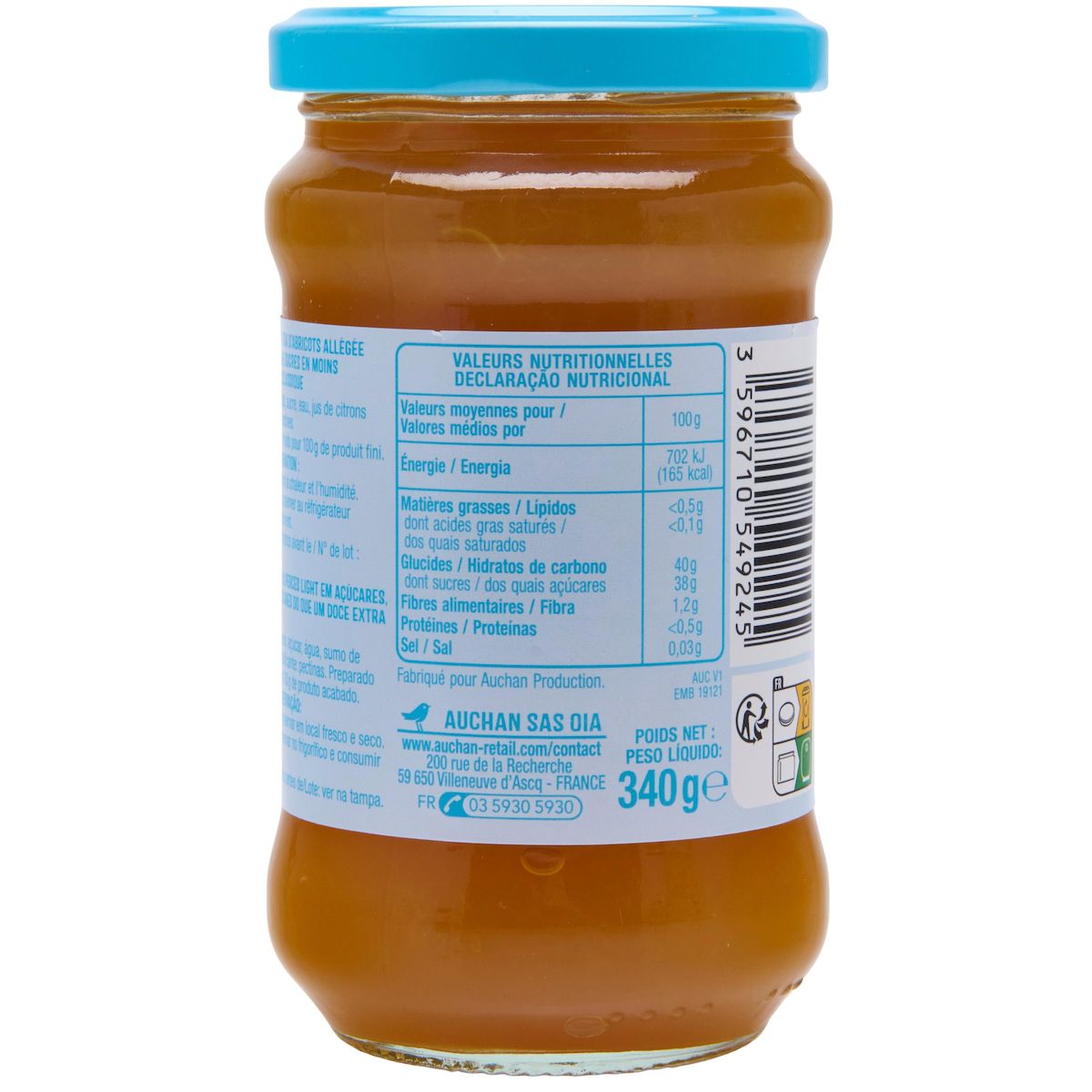 AUCHAN Confiture allégée abricots 340g