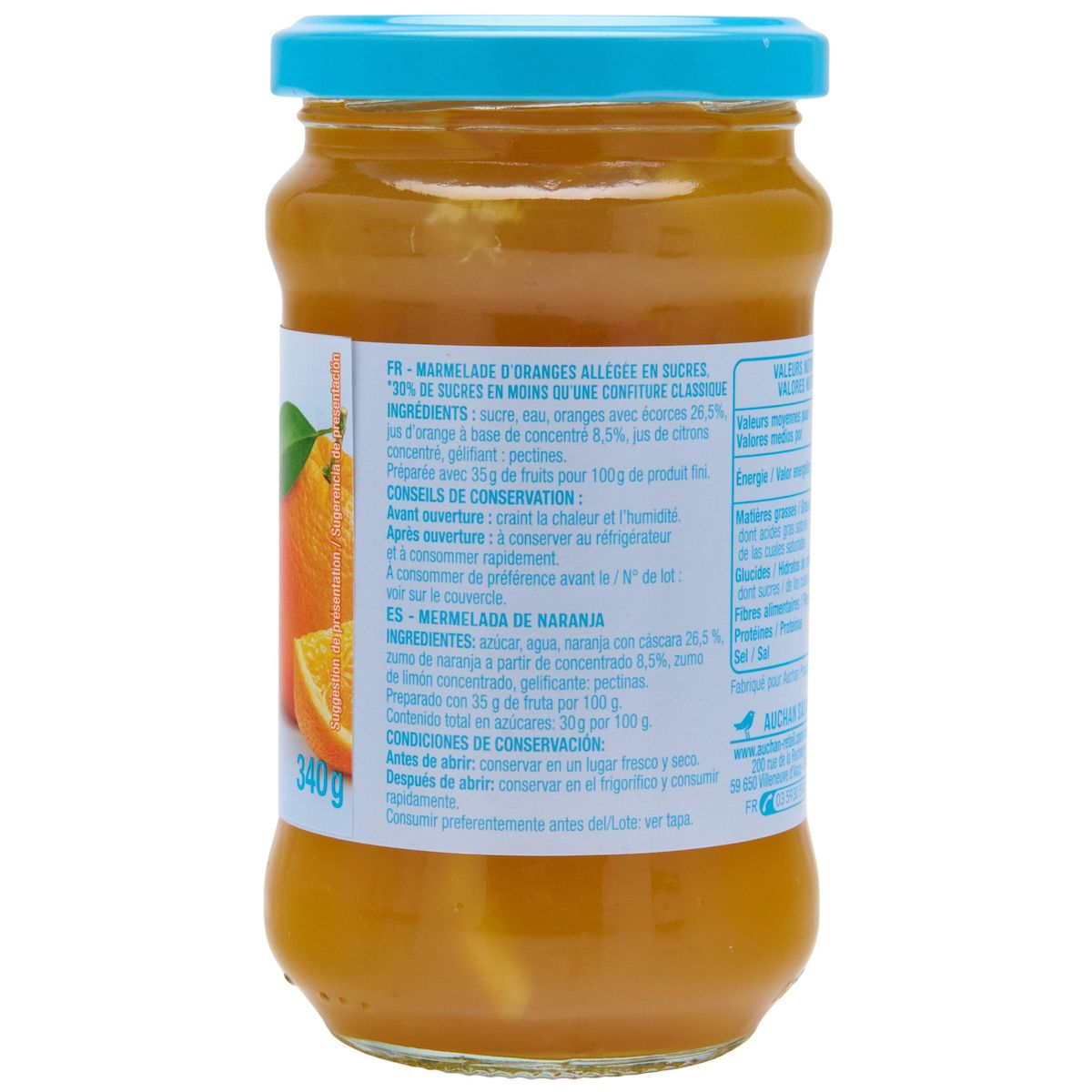 AUCHAN Marmelade allégée d'orange 35% de fruits 340g
