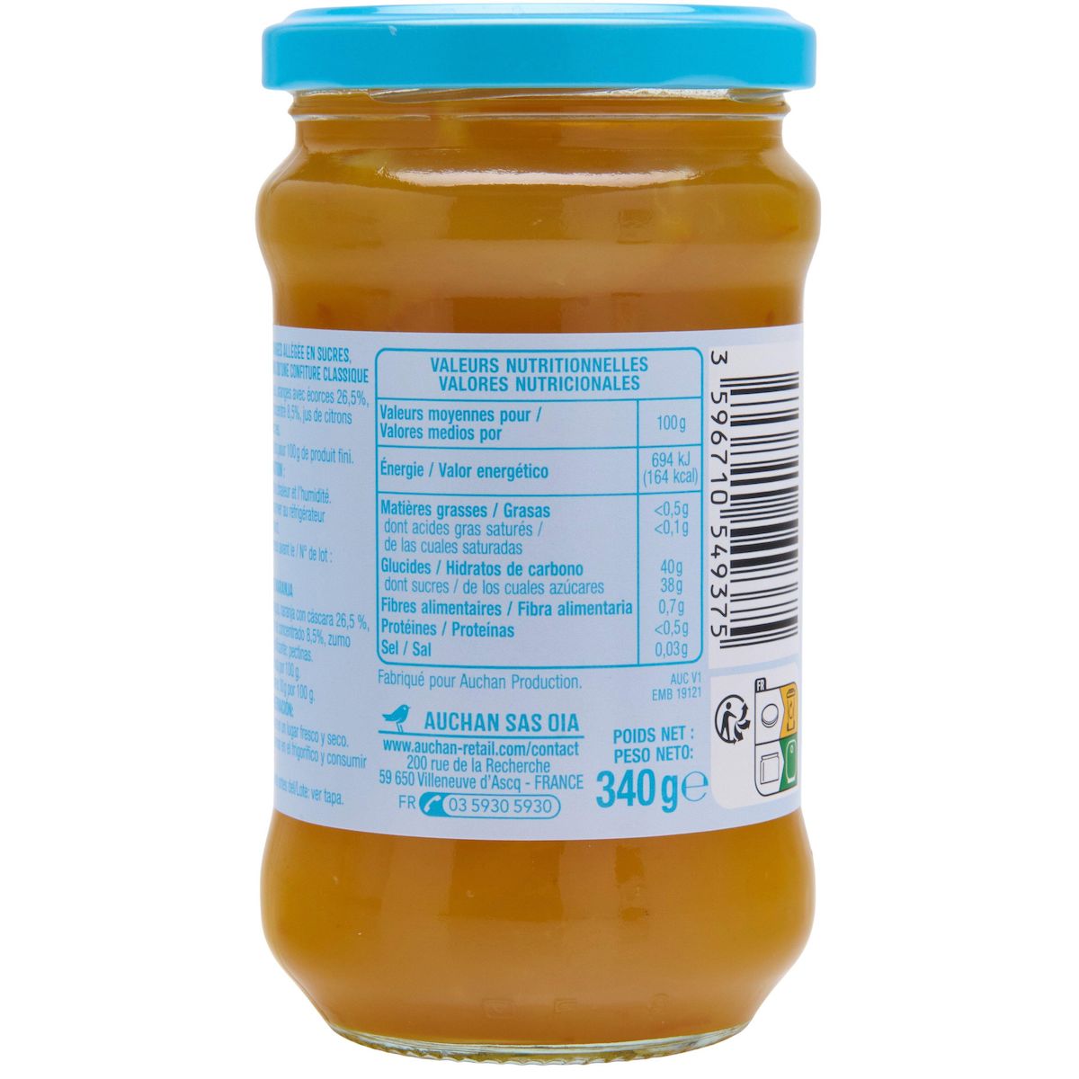 AUCHAN Marmelade allégée d'orange 35% de fruits 340g