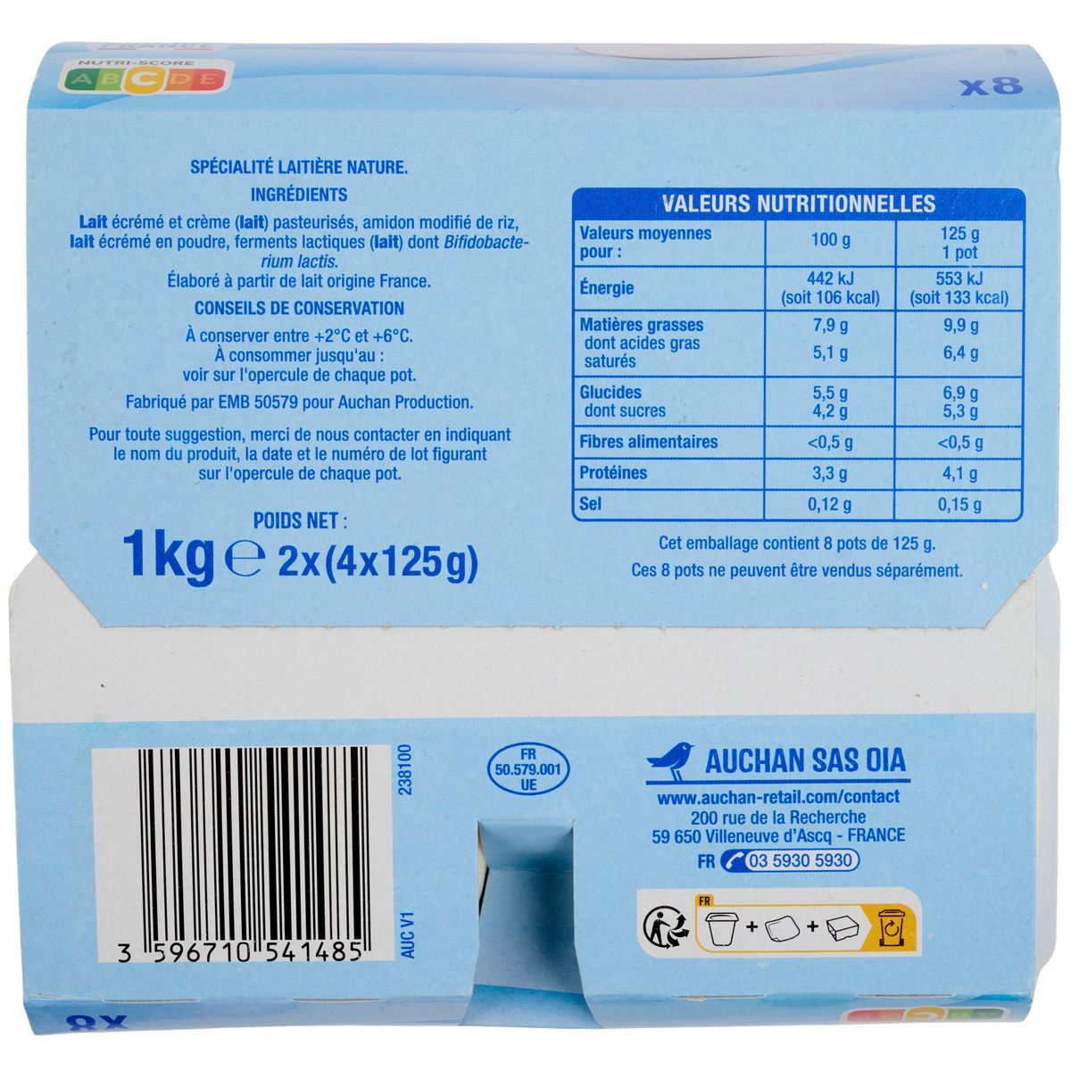 AUCHAN L'instant douceur - Yaourt nature 8x125g