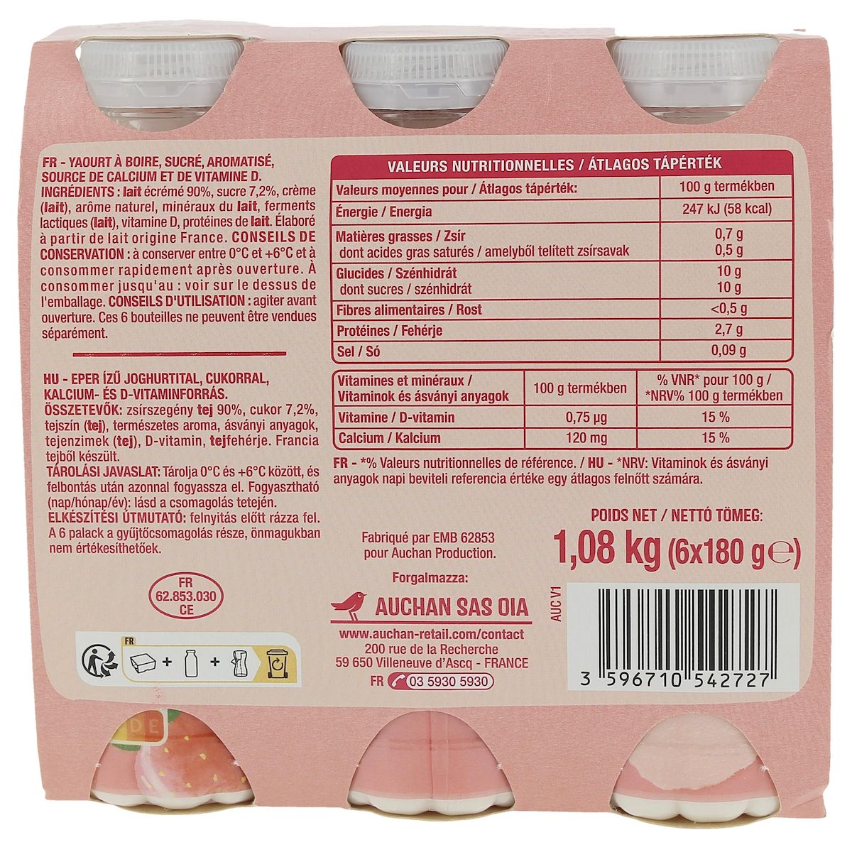 AUCHAN Yaourt à boire saveur fraise 6x180g