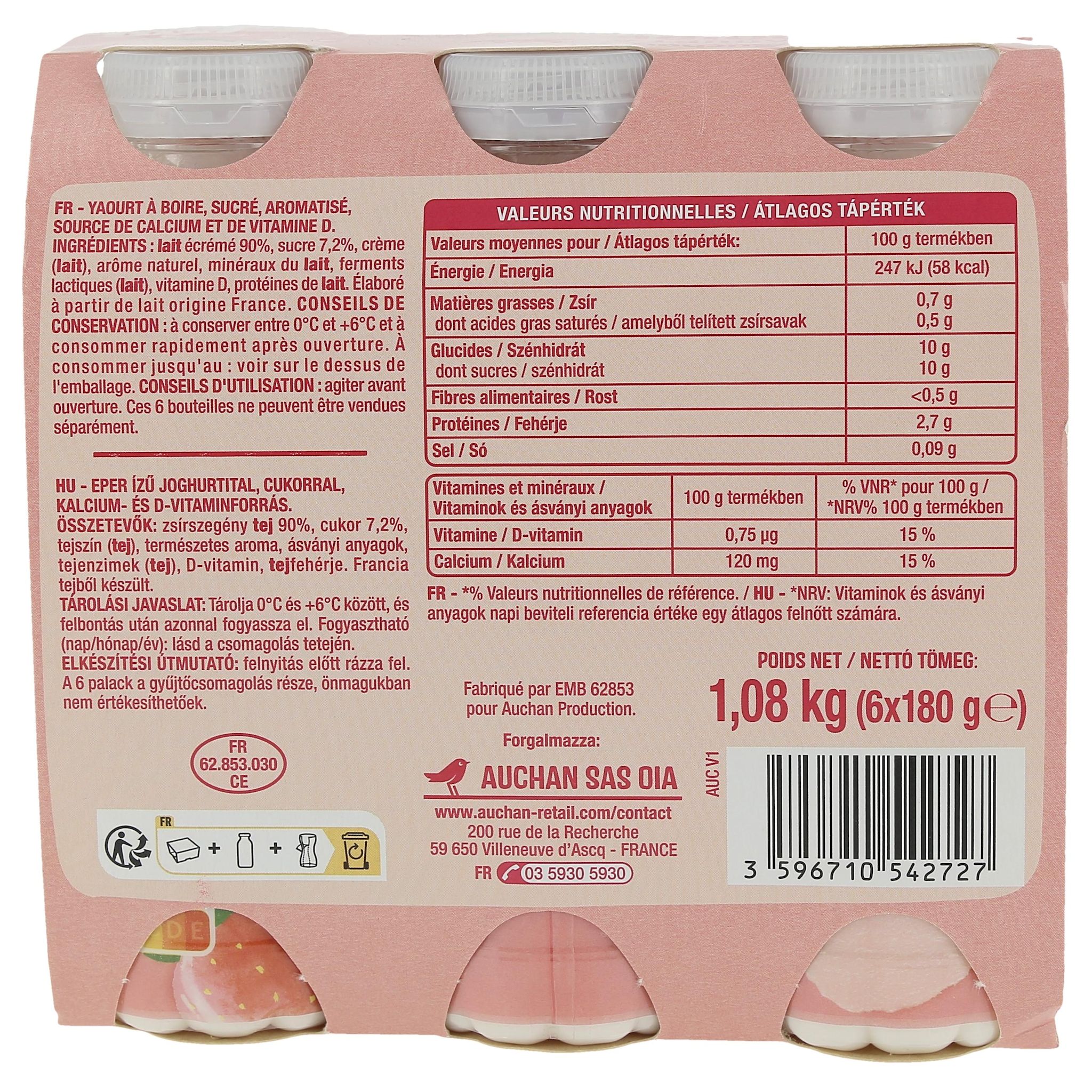 Voir la diapositive 3 : AUCHAN Yaourt à boire saveur fraise 6x180g
