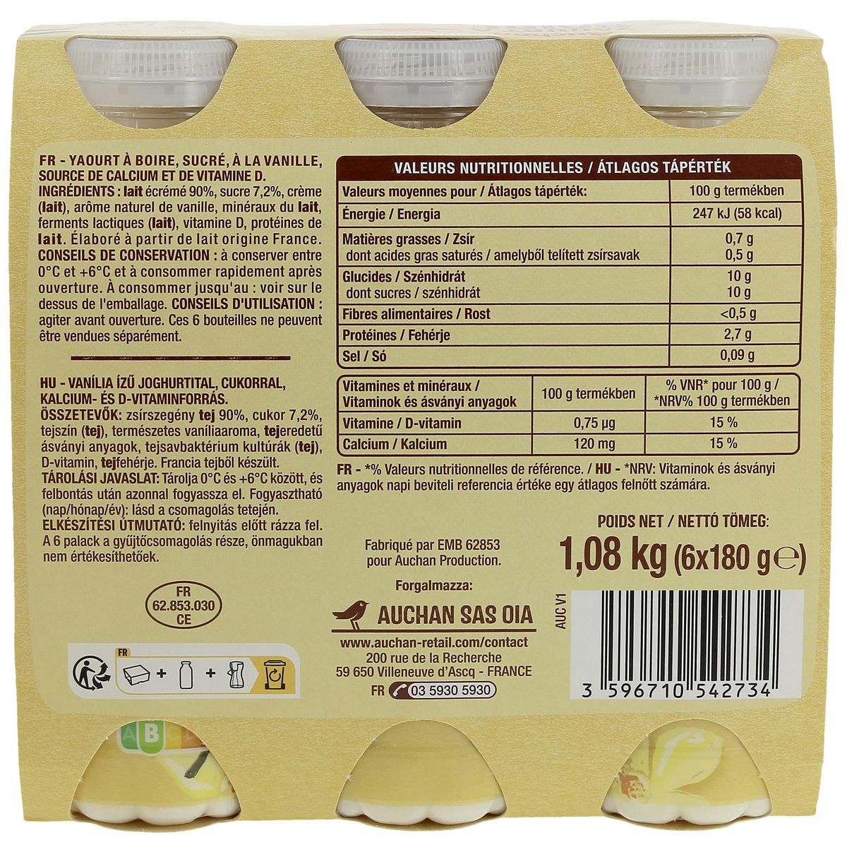 AUCHAN Yaourt à boire saveur vanille 6x180g