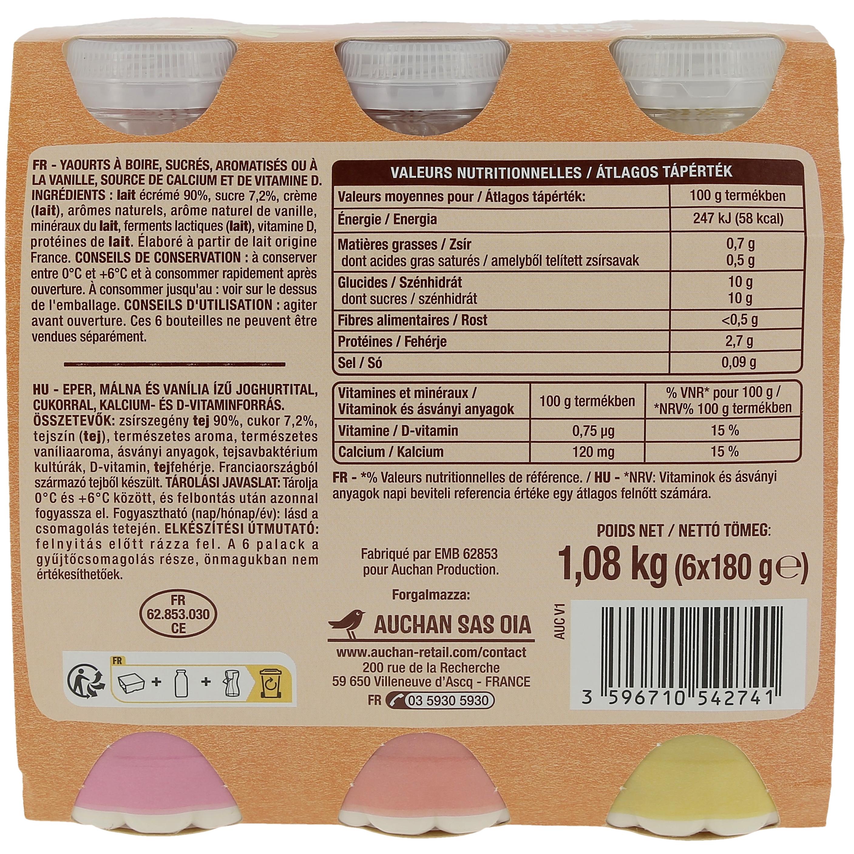 Voir la diapositive 3 : AUCHAN Yaourt à boire panaché 6x180g