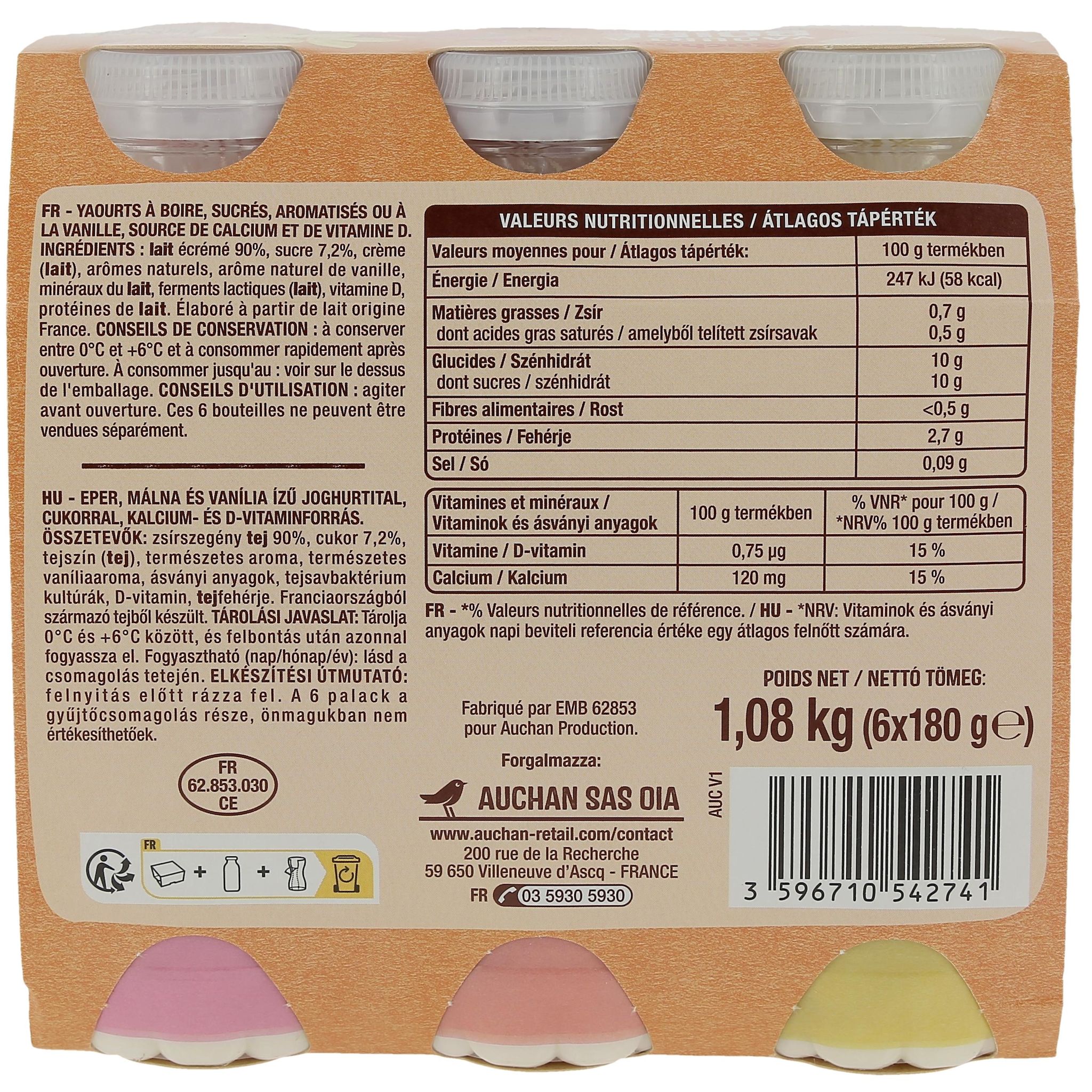 Voir la diapositive 3 : AUCHAN Yaourt à boire panaché 6x180g