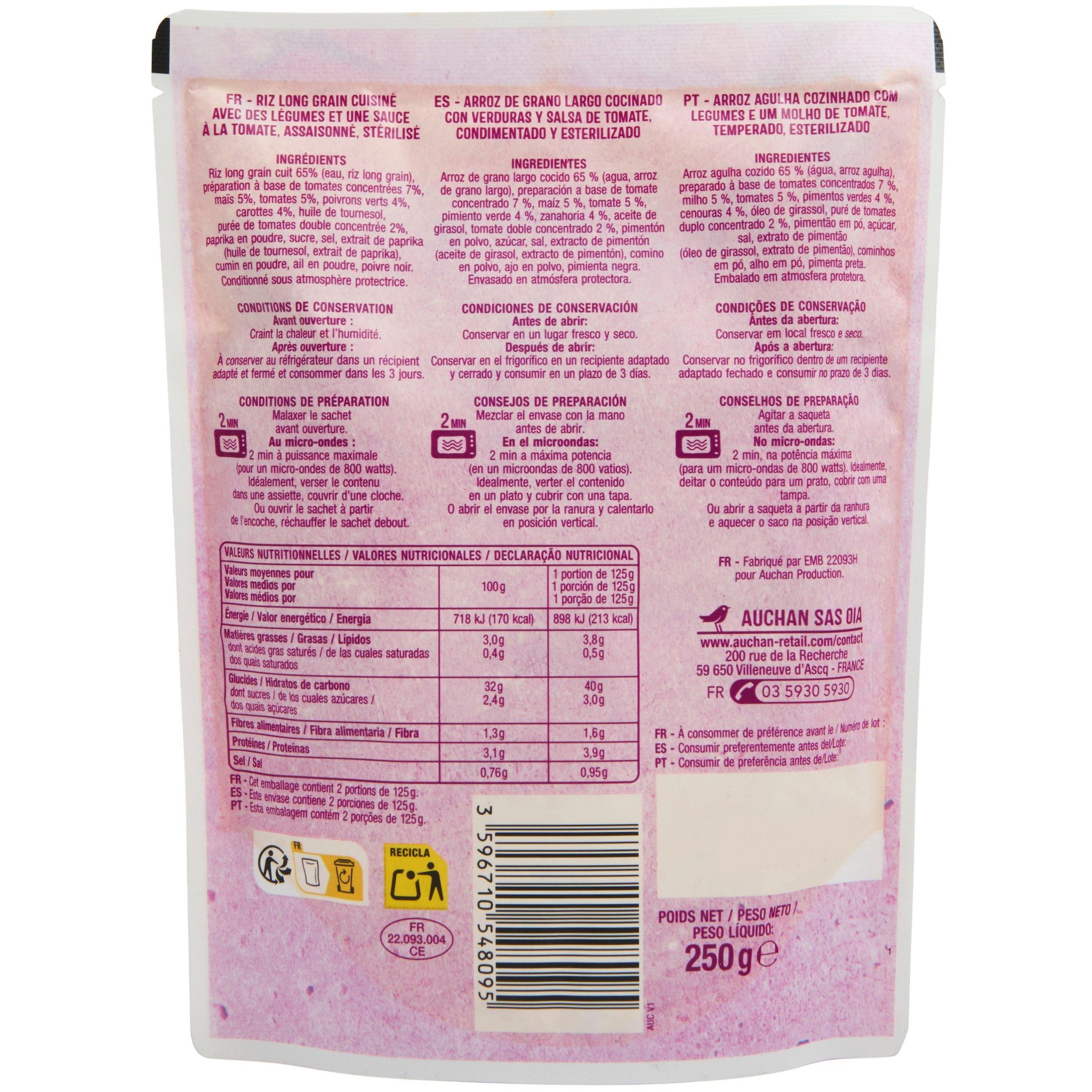 Voir la diapositive 2 : AUCHAN Riz mexicain sachet express 250g
