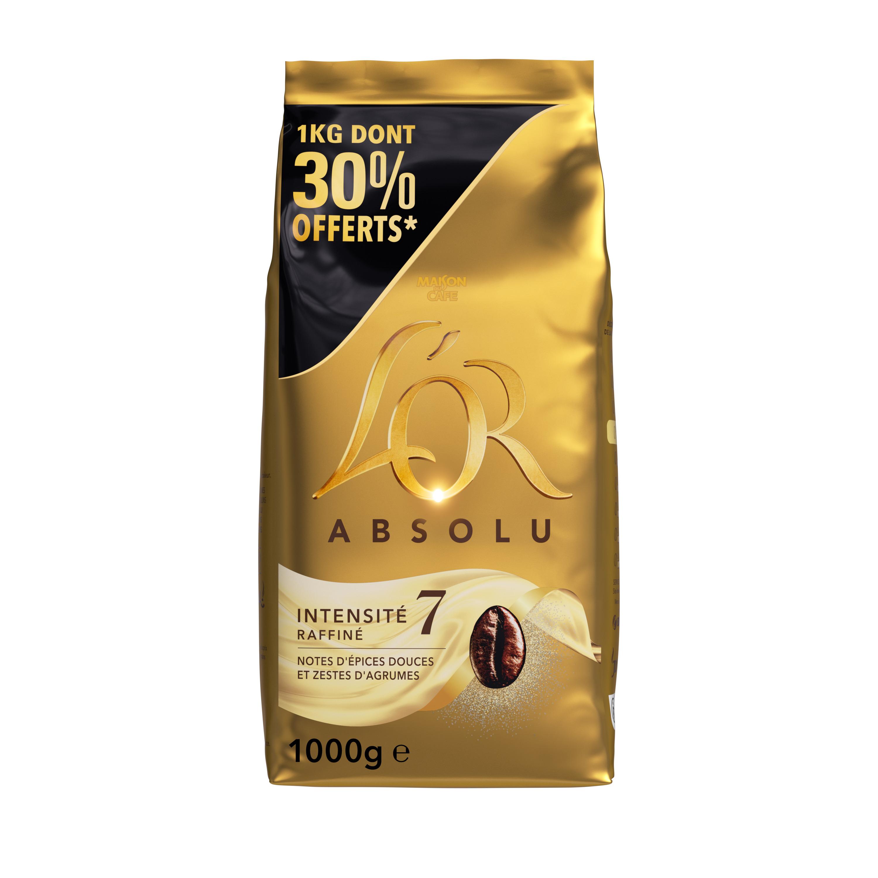 Voir la diapositive 2 : L'OR Absolu Café en grains aux notes d'épices douces et zestes d'agrumes Intensité 7 dont 30% offerts 1kg