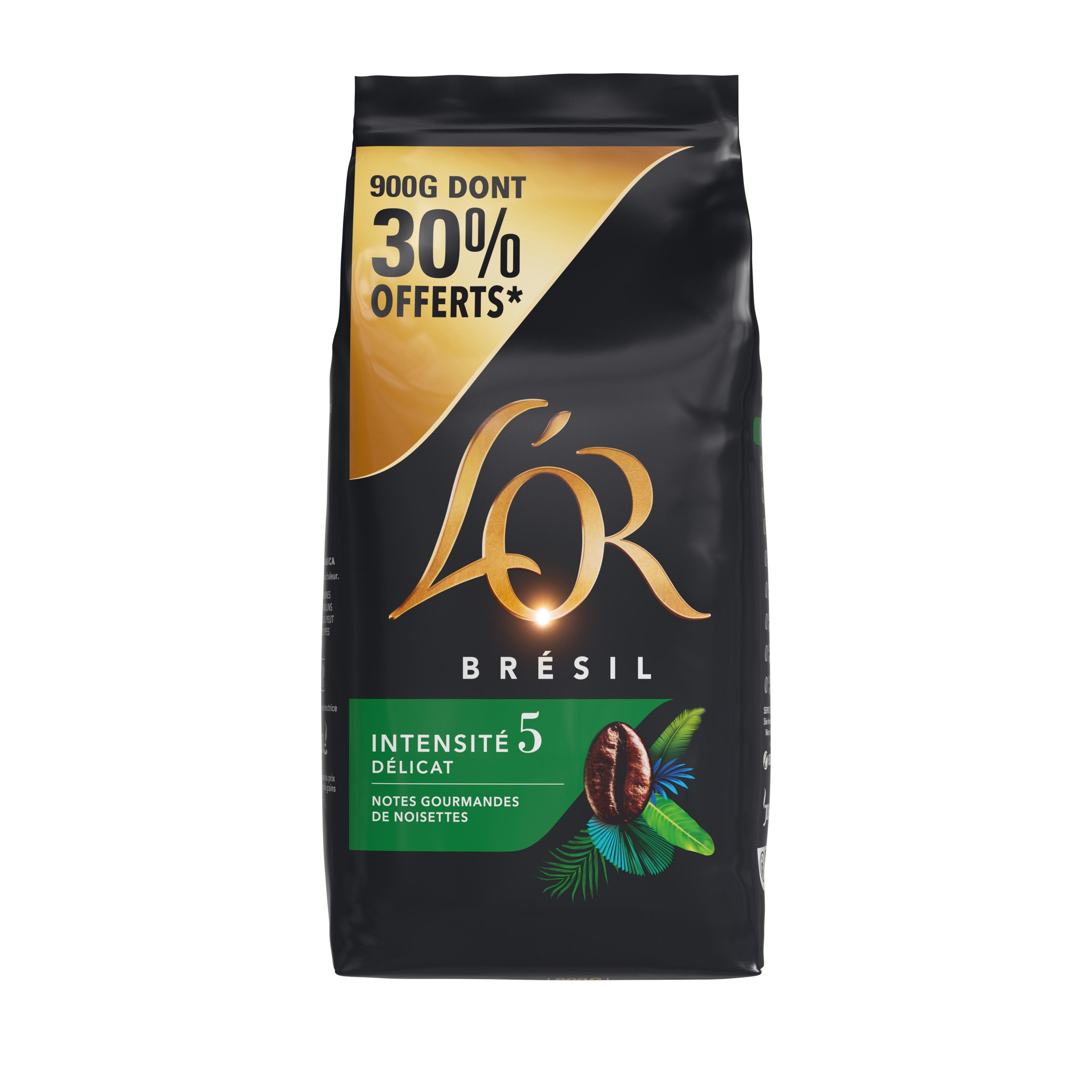 Voir la diapositive 2 : L'OR Café en grains d'origine brésil intensité 5 dont 30% offerts 900g
