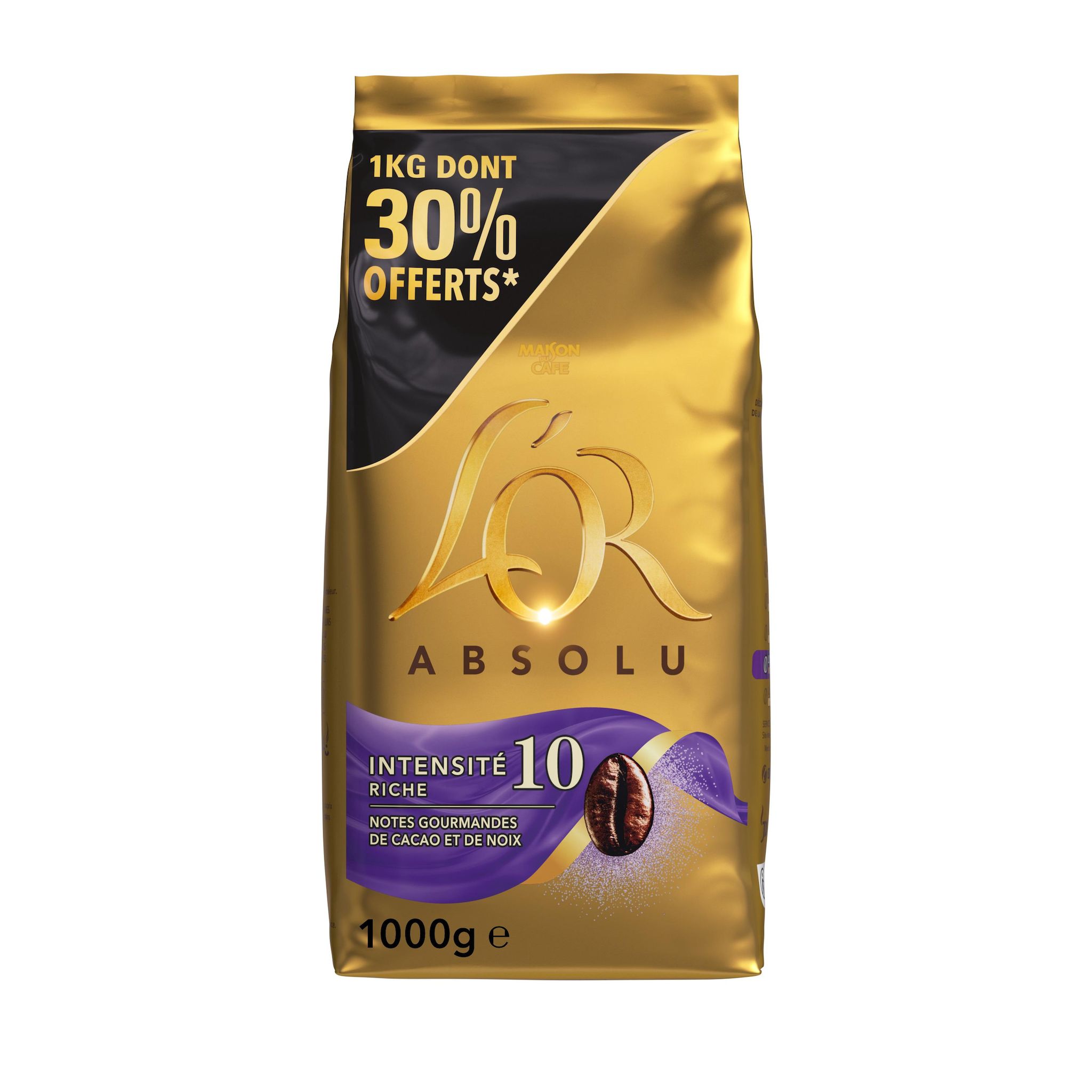 L'OR Café en grains absolu aux notes de cacao et de noix Intensité 10 dont 30% offerts 1kg