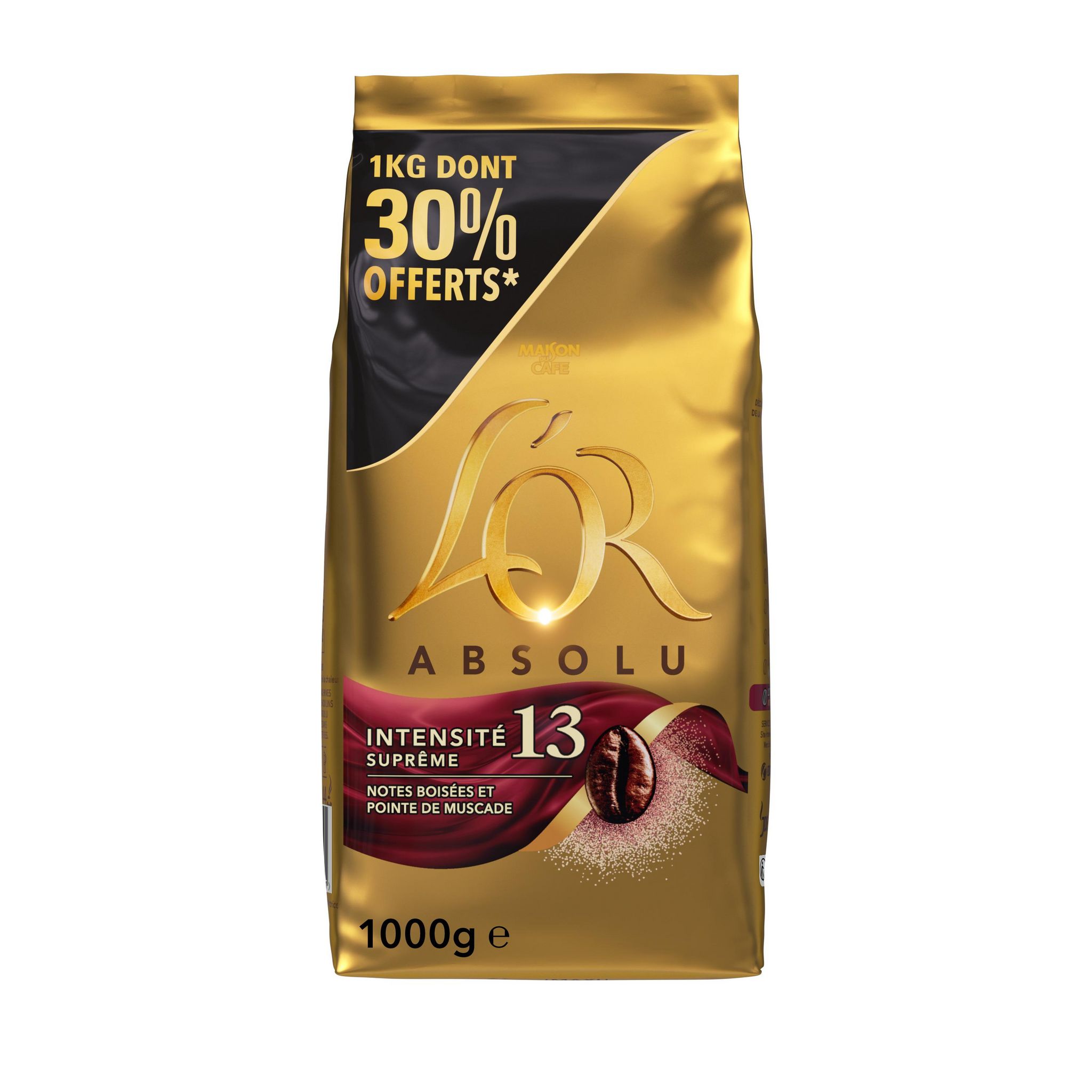 L'OR Absolu café en grains intensité 13 dont 30% offerts 1kg