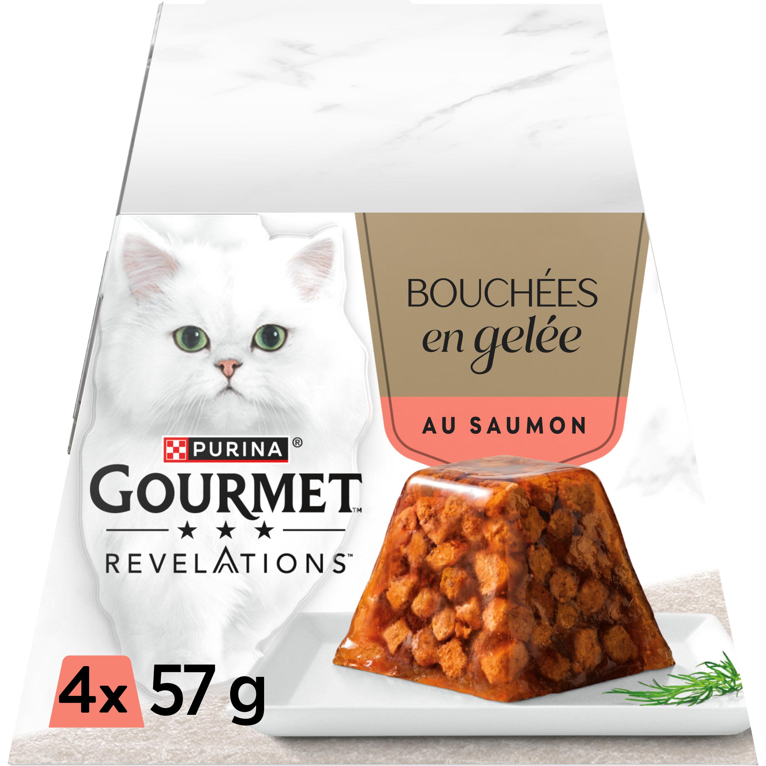 Voir la diapositive 2 : PURINA Gourmet Bouchées en gelée au saumon pour chat 4x57g