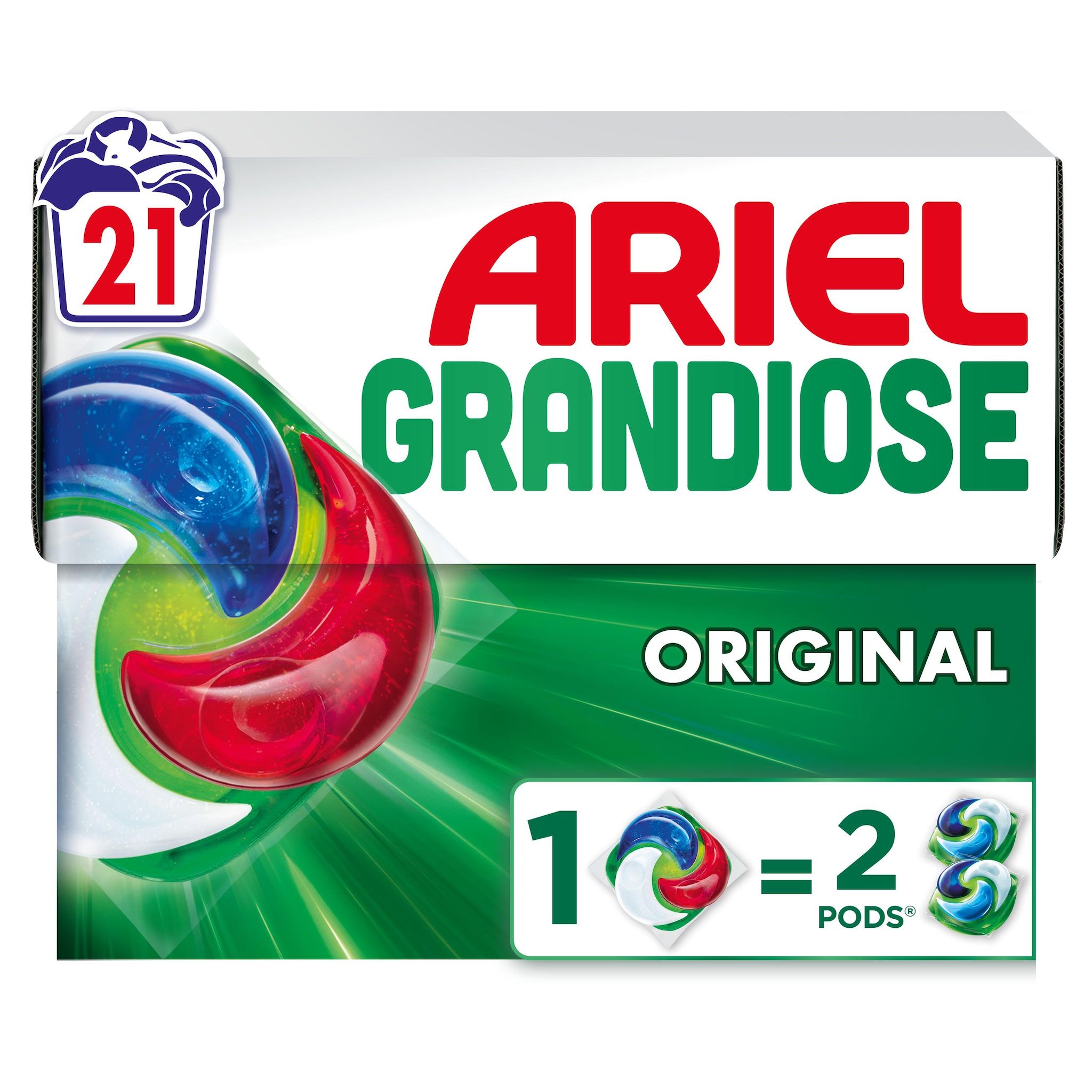 Voir la diapositive 2 : ARIEL Grandiose Pods Lessive capsules original 1=2 21 capsules 762,3g