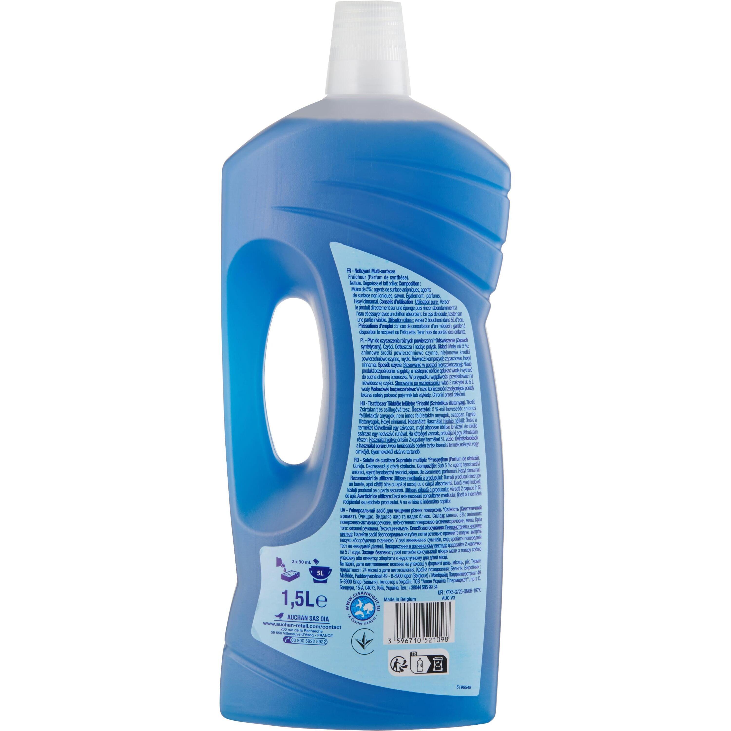 Voir la diapositive 2 : AUCHAN Nettoyant liquide multi-surfaces fraîcheur marine 1,5l