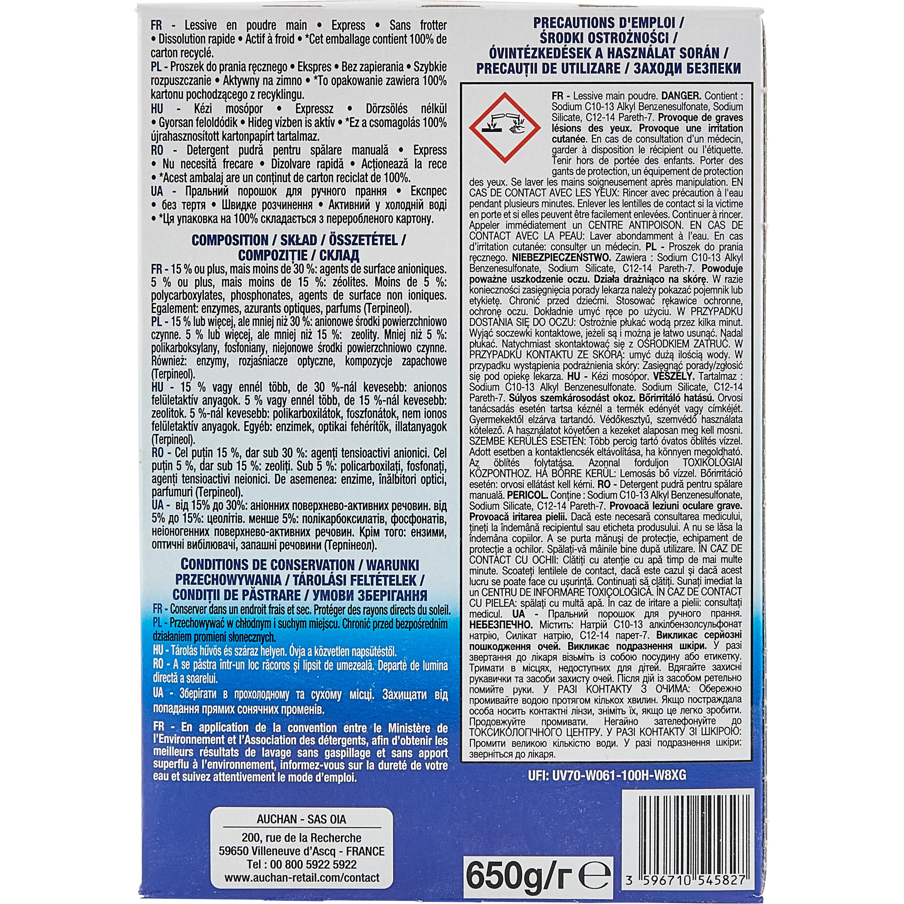Voir la diapositive 3 : AUCHAN Lessive main en poudre express 25 lavages 650g