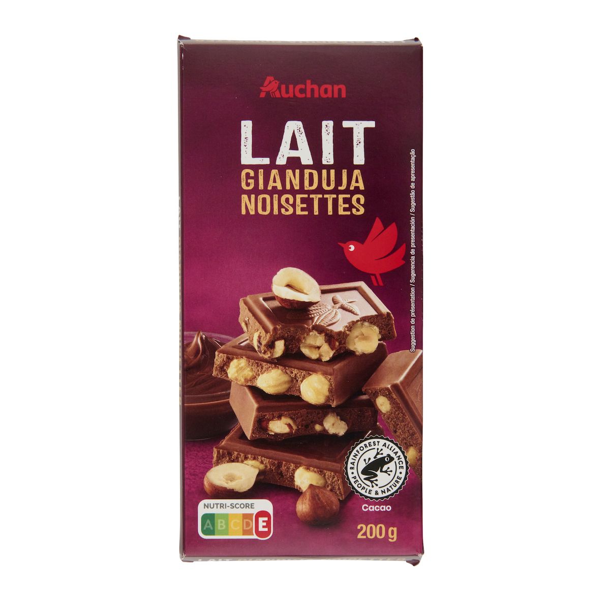 AUCHAN Tablette de chocolat au lait gianduja noisettes 200g