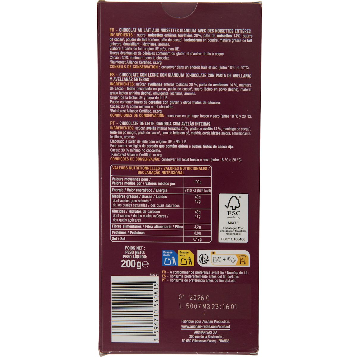 AUCHAN Tablette de chocolat au lait gianduja noisettes 200g