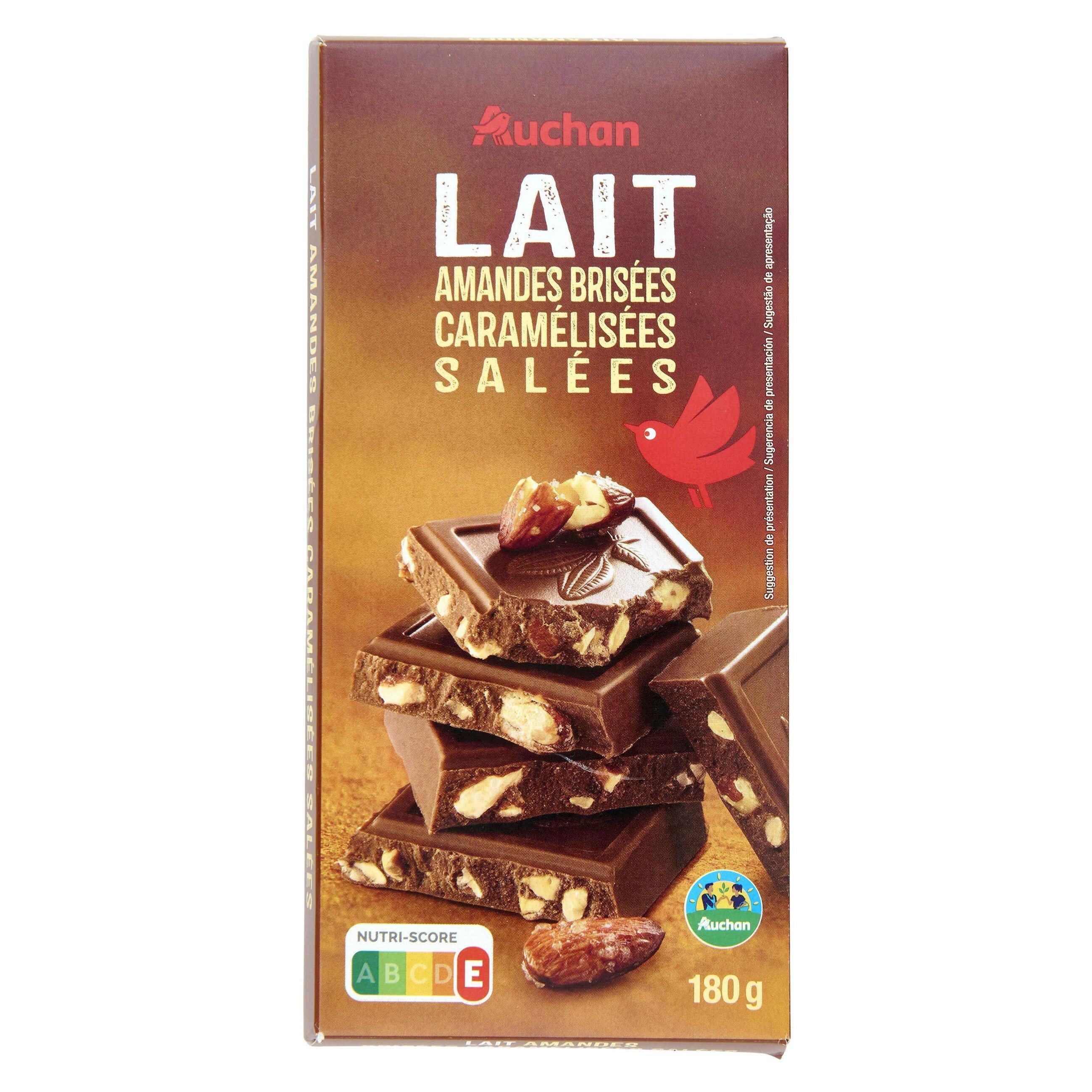Voir la diapositive 3 : AUCHAN CULTIVONS LE BON Tablette de chocolat au lait aux amandes caramélisées salées 1 pièce 180g