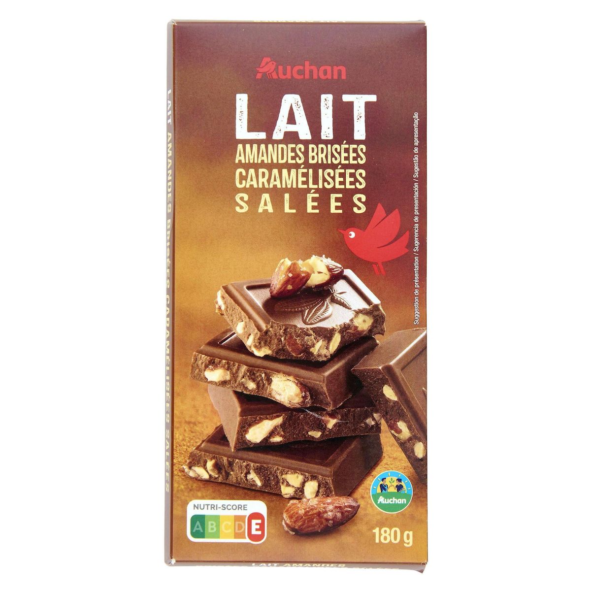 AUCHAN CULTIVONS LE BON Tablette de chocolat au lait aux amandes caramélisées salées 1 pièce 180g