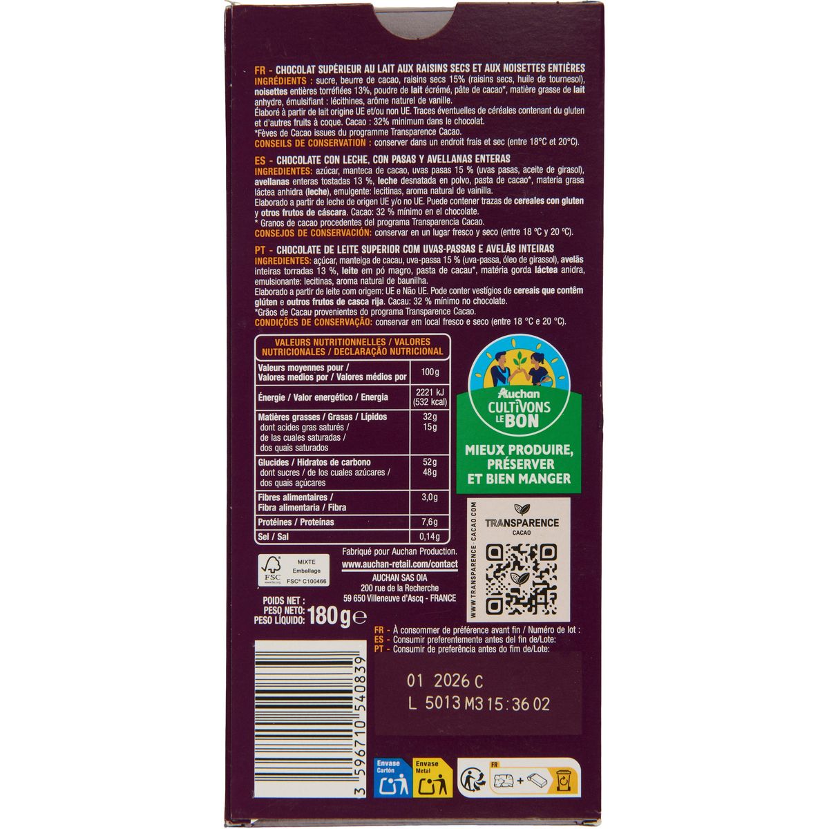 AUCHAN CULTIVONS LE BON Tablette de chocolat au lait raisins noisettes entières 180g