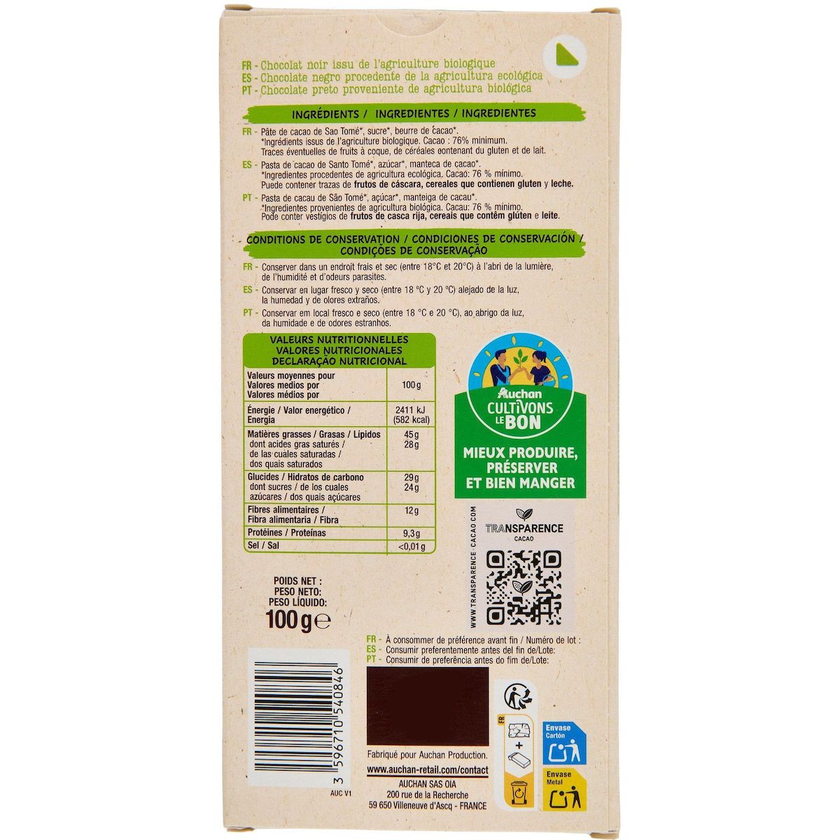 AUCHAN BIO CULTIVONS LE BON Tablette de chocolat noir 76% Sao Tome boisé et épicé 100g